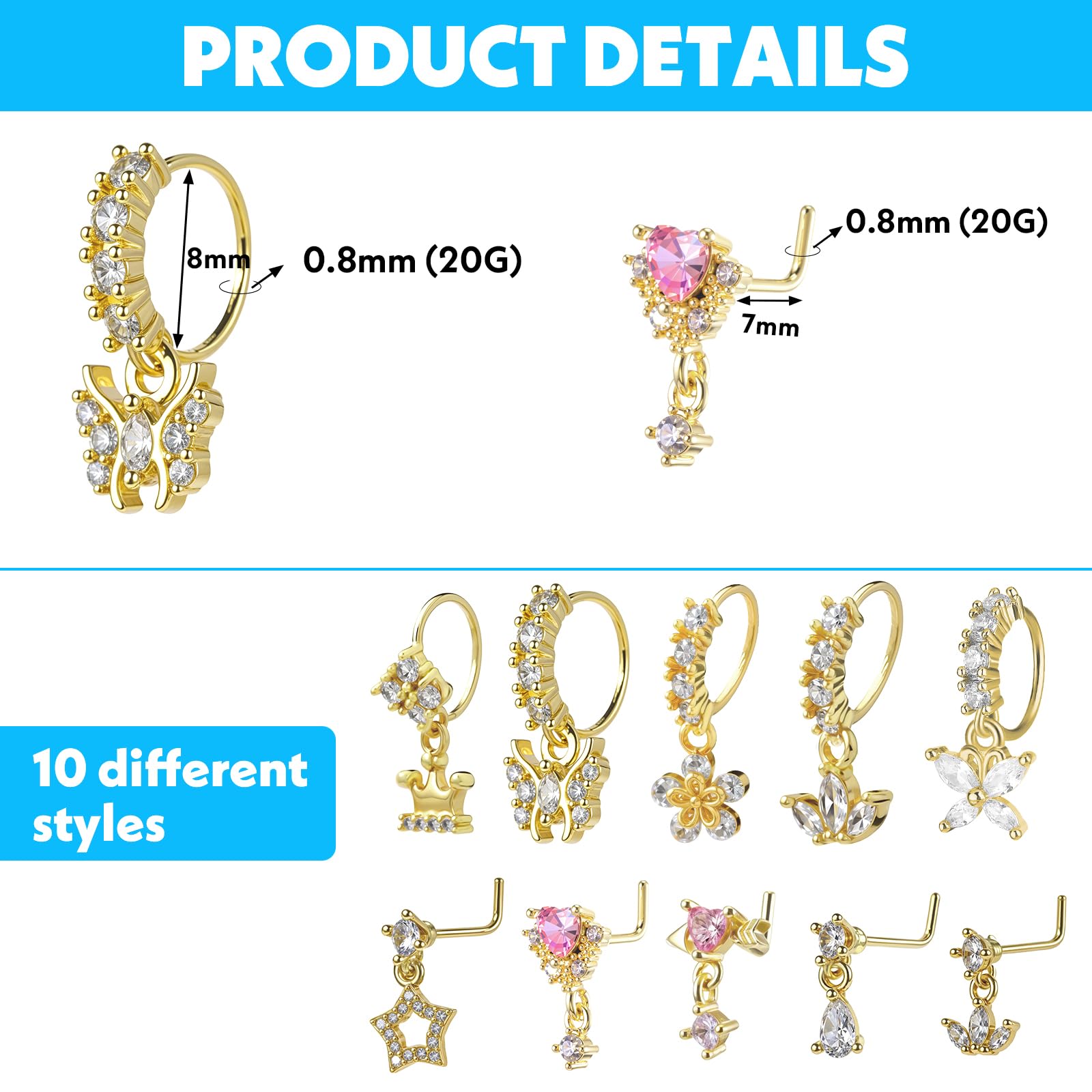 Lot de 10 anneaux de nez pendants pour femme - 20 g - En forme de L - Jolis anneaux de nez avec breloque en zircone cubique - Bijoux de piercing indien - Boucles d'oreilles de cartilage pour femme