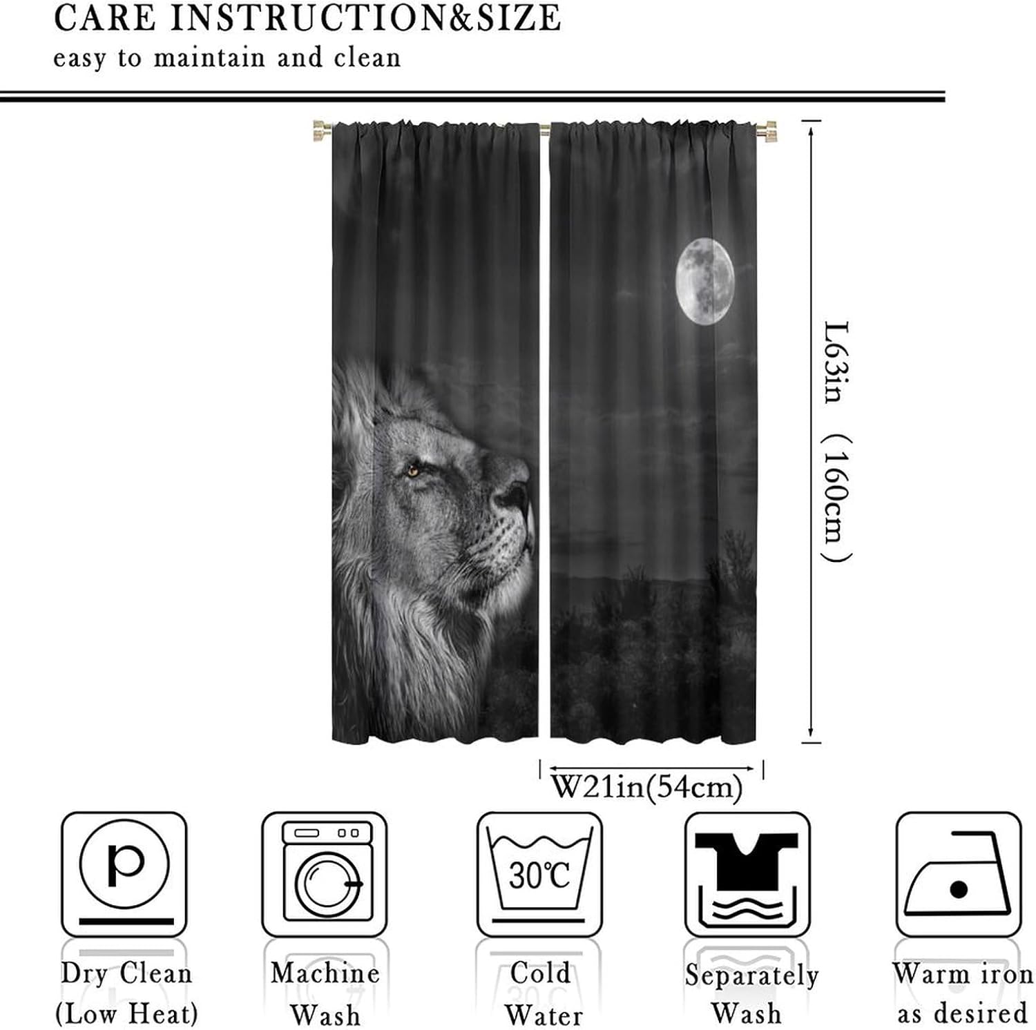 Lion Curtains for Bedroom,Black and White Lions Window Treatments for Living Room Kitchen Nightscape Moon Art Printed Polyester Fabric Drapes 2 Panels Set,Total Size 42 x 63 Inch