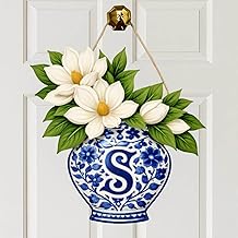 Personalized Magnolia Chinoiserie Monogram Wood Door Hanger, Blue and White Floral Spring Door Sign, Magnolia Elegant Garden Porch Decor, Custom Initial Entryway Accent, Gift for Flower Lovers