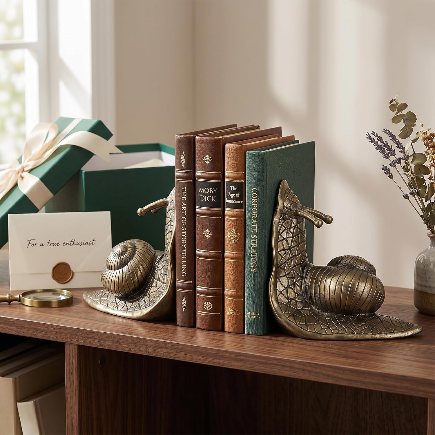 Snail Bookends Set of 2 Decorative Animal Book Ends Resin Snail Decor with Distressed Brass Finish for Bookshelf Shelf Mantel Desk Home Office Library Display Antique Book Ends