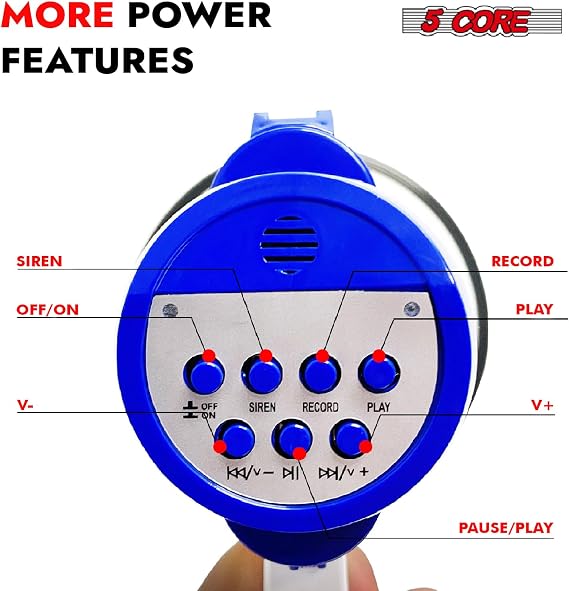 5 Core Megaphone 30W Bull Horn PA Speaker w 800 Yards Range USB Loud Siren Voice Amp Lightweight Portable Megafono for Outdoor Sports - 8R-USB-WB