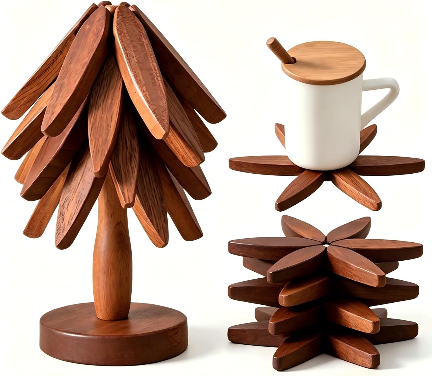 Wooden Trivets for Hot Dishes, Tree Shape Trivet Set, 4 Walnut Wood + 1 Stand stored Like a Christmas Tree,Foldable Kitchen Wooden Trivet for Hot Dishes、Pot、Bowl、Teapot、Hot Pot Holde (Brown