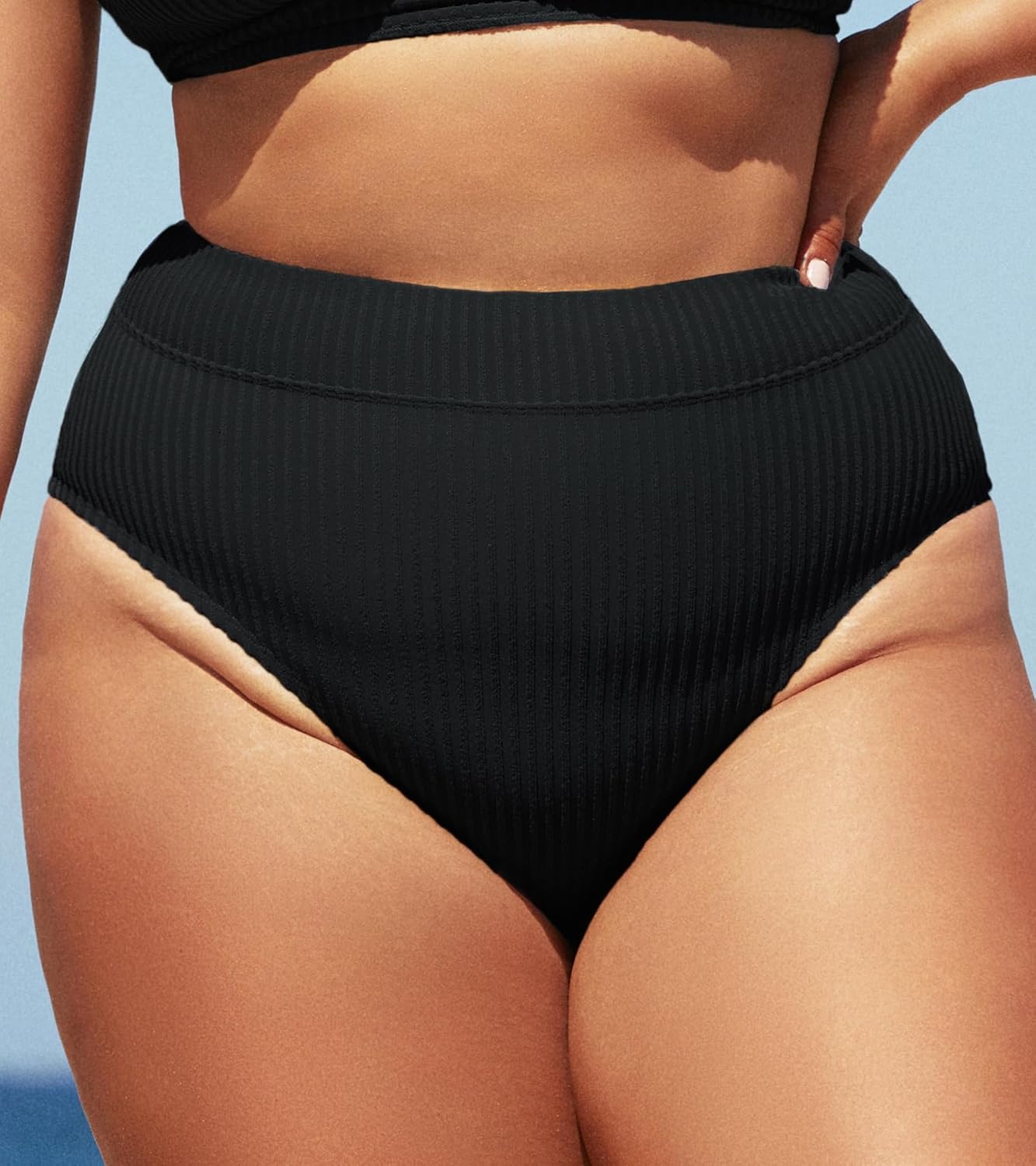 CUPSHE Women Swimsuit Plus Size Bikini Bottom High Waisted Ribbed Texture Modest Widen Band Bathing Suit - Image 3