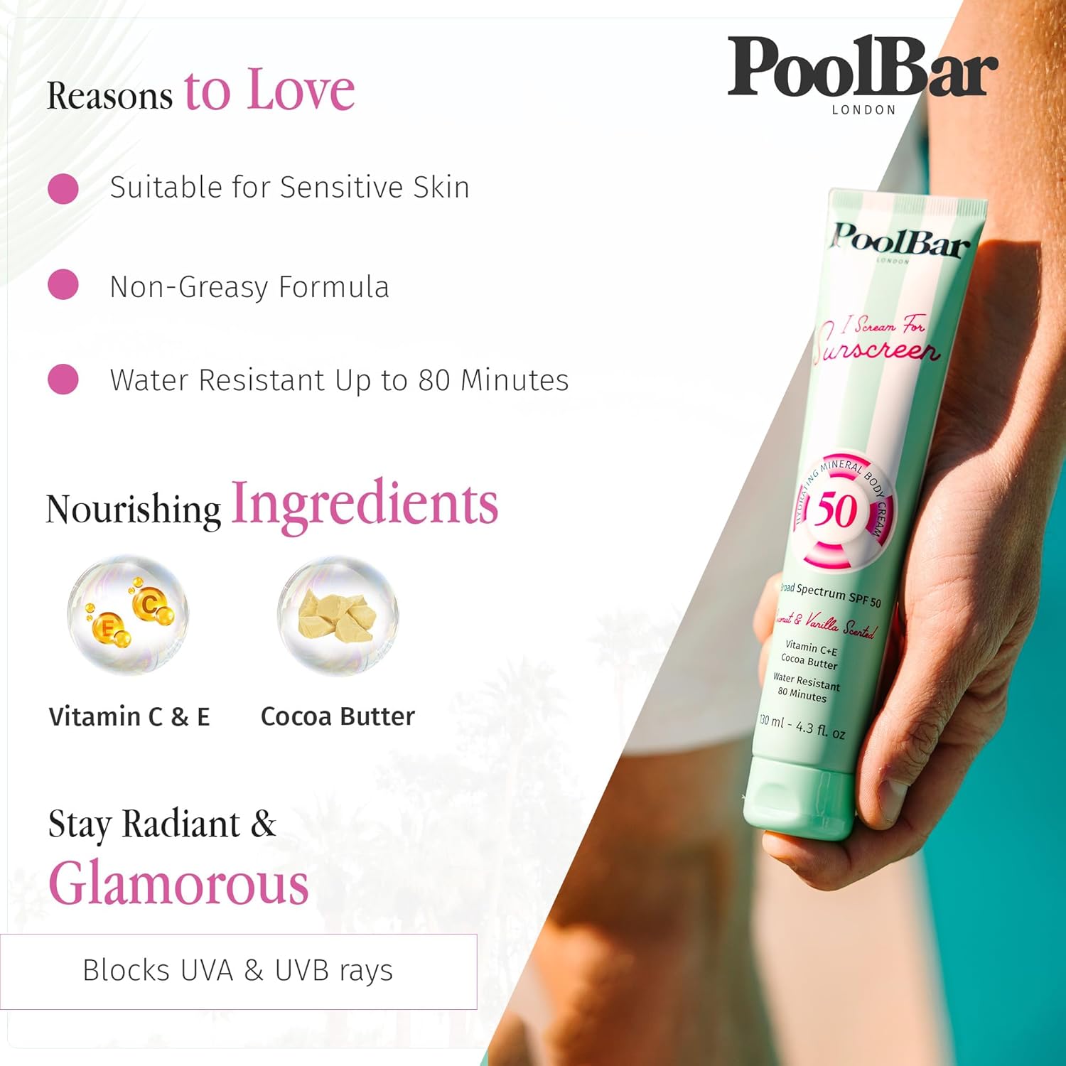 PoolBar SPF 50 Hydrating Mineral Body Sunscreen Cream for Women and Men Skin Care - Coconut Vanilla Scent Sun Care, Vegan and Water Resistant, Broad Spectrum Sunscreen, 130 ml (4.3 Fl. Oz) (Pack of 3)