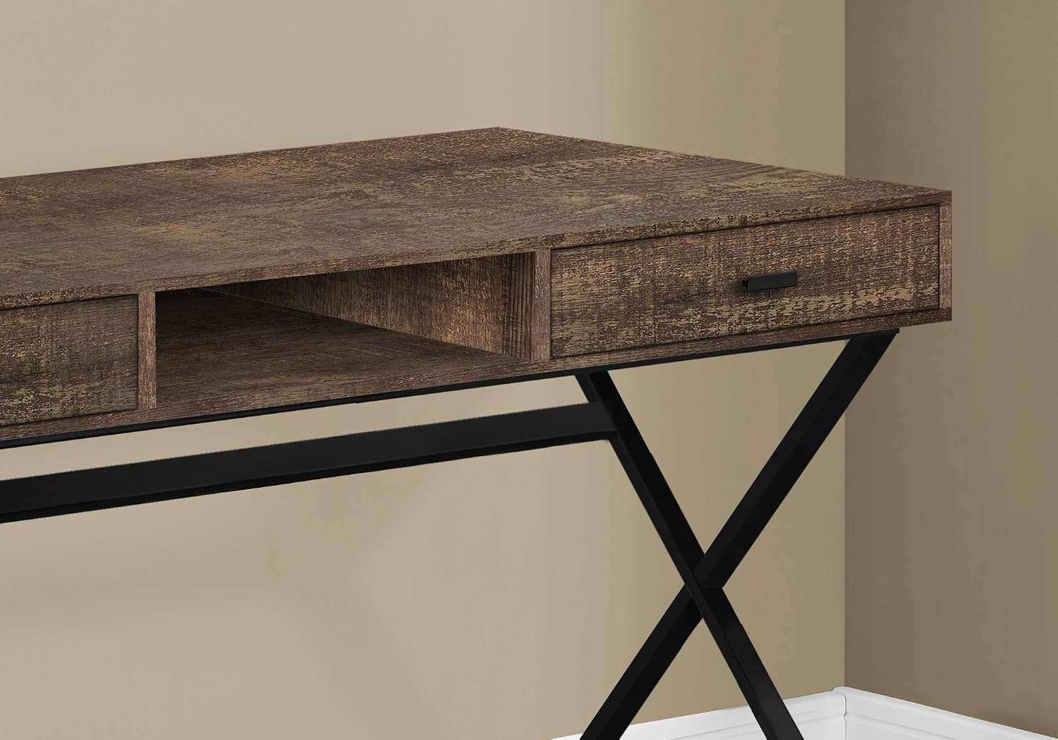 Close-up of desk drawer and open shelf