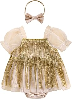 Toddler Baby Girl Sequin Fringe Romper Dress Puff Short Sleeve Sparkly R...