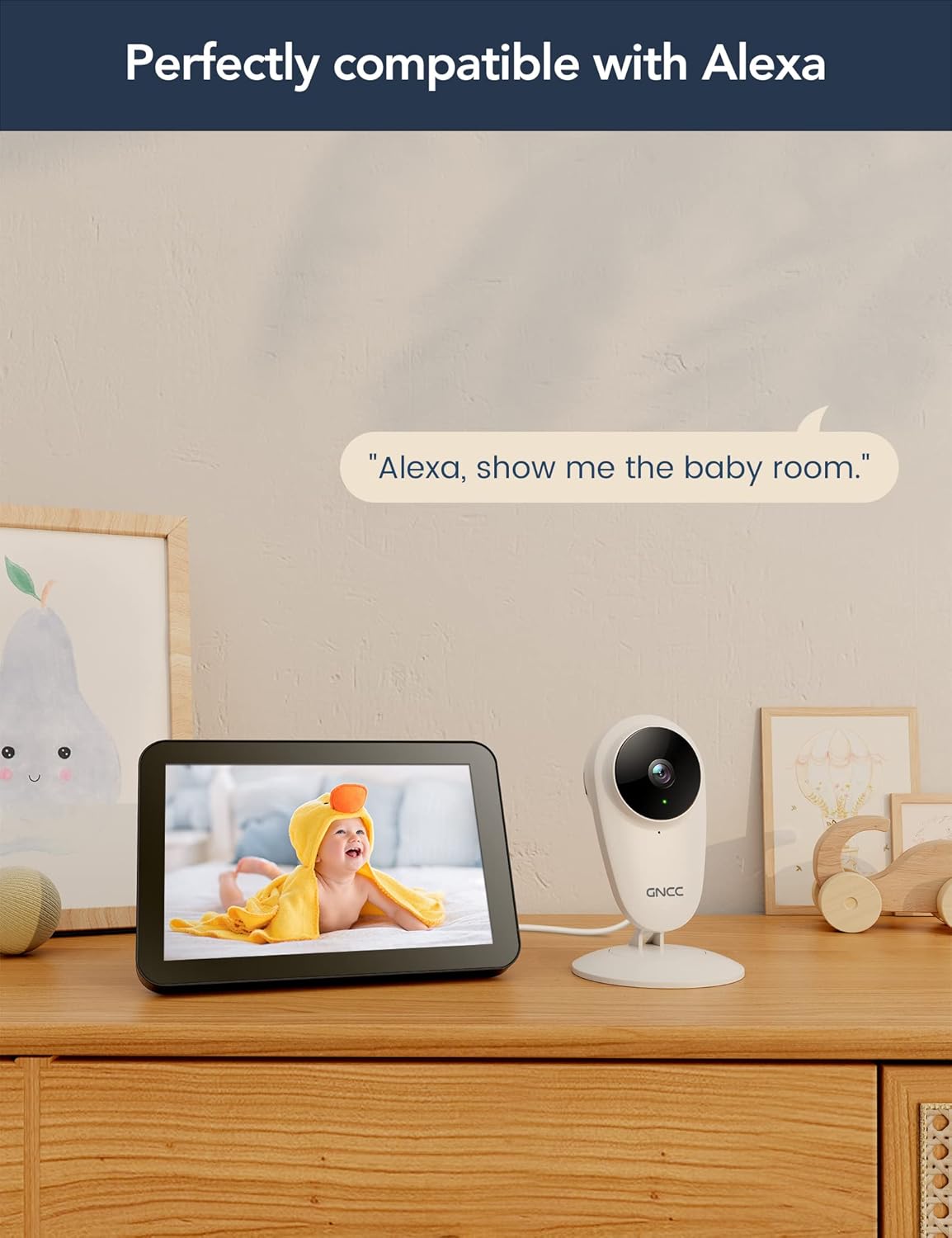 GNCC C1Pro Baby Monitor compatible with Alexa, showing a smart display