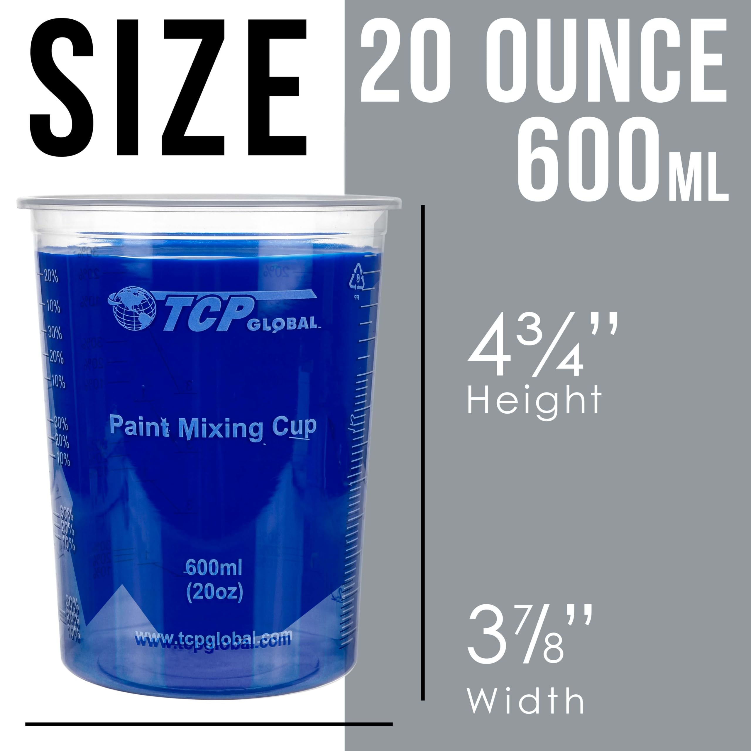TCP Global 600 ml Einweg-Mixbecher aus Kunststoff, flexibel, transparent, abgestuft, Box mit 50 Bechern und 50 Rührstäben, Verwendung für Farbe, Harz, Epoxid, Kunst, Küche, 4-1, ML