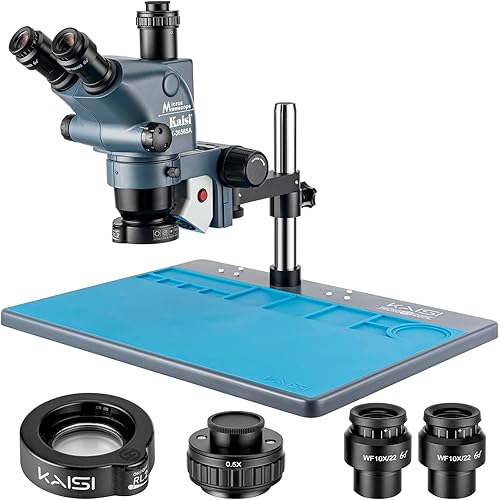 Kaisi Trinocular Stereo Microscope for Professional Repairer Soldering,6.5X-65X Magnification and Adjustable WF10x22 Eyepieces,Extra Large Silicone Working Table,Retractable Stand Zoom Microscope
