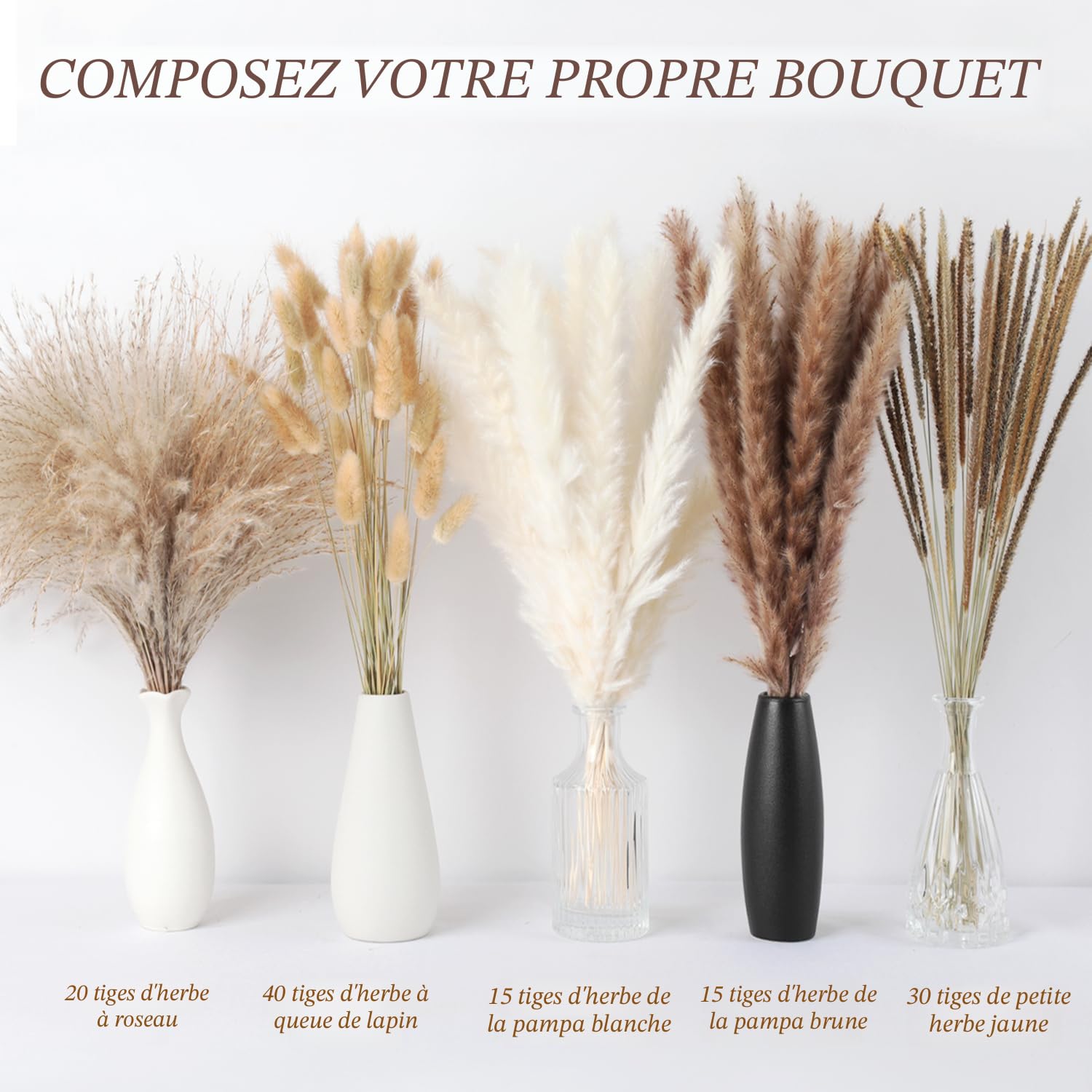 HUAESIN 120 Fleurs Séchées Herbe De Pampa Bleu - Déco Naturelle Pour Vase, Mariage, Maison Ou Bureau - 30-43 Cm