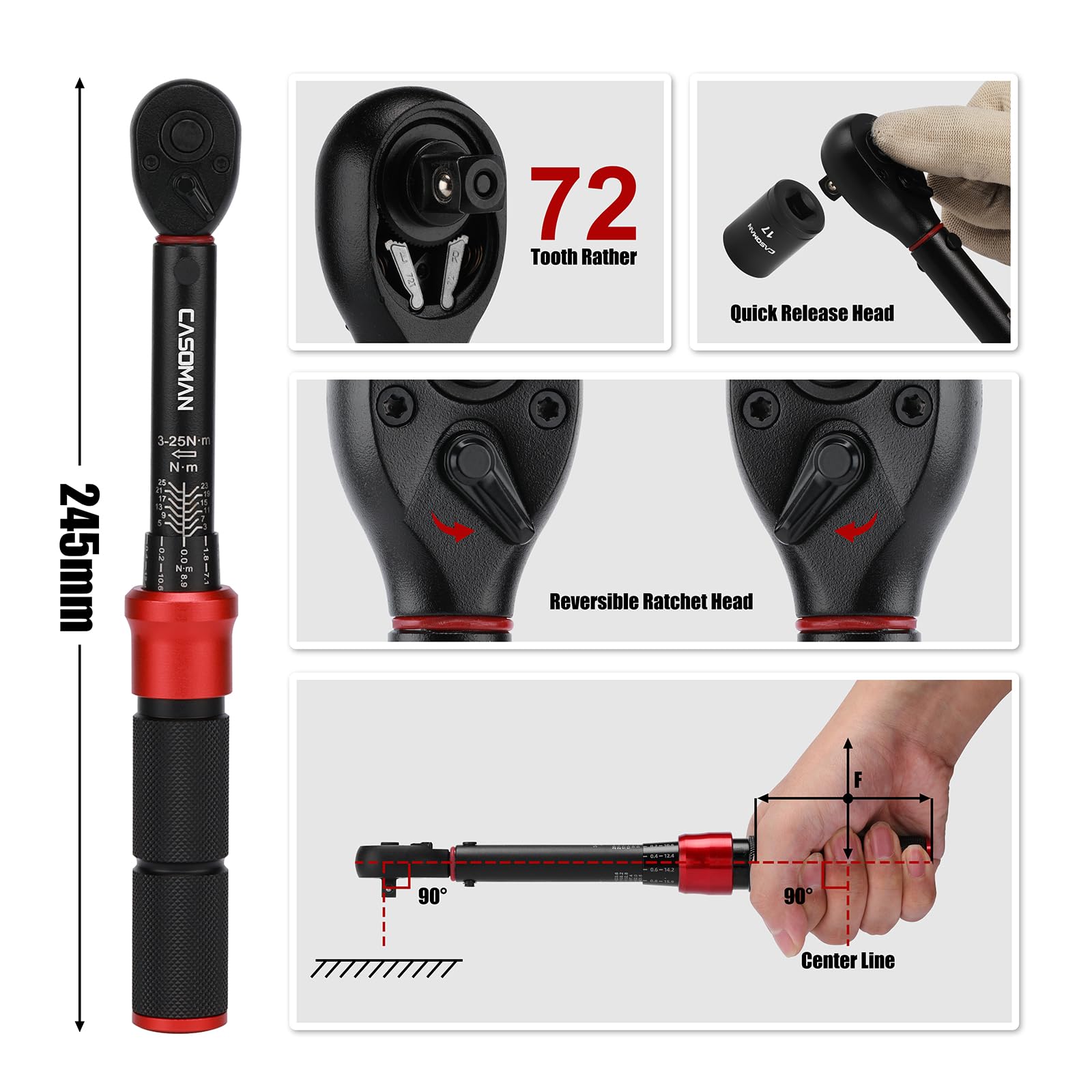 CASOMAN Set di 33 chiavi dinamometriche da 1/4" per bicicletta, 3-25 Nm, 72 denti, con bussole a bussola, estensione, giunto universale e adattatore