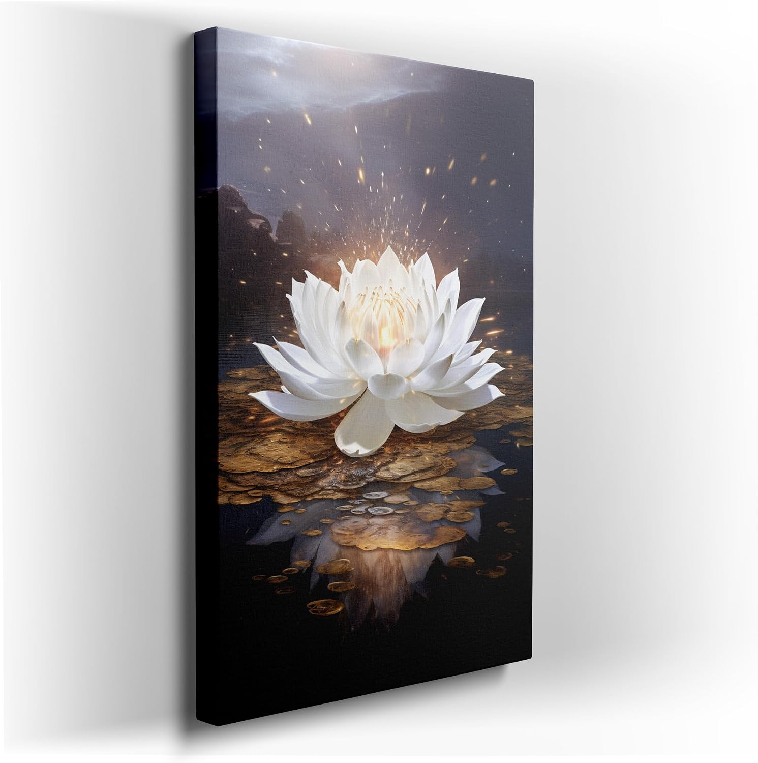 Canvas for Living room. Starry Serenity and the Blooming Lotus - Unveiling the Essence of Peaceful Evenings, 27 x 18 inch Canvas Wall Art - Contemporary Masterpieces - Modern Home Decor - 27 x18 inch