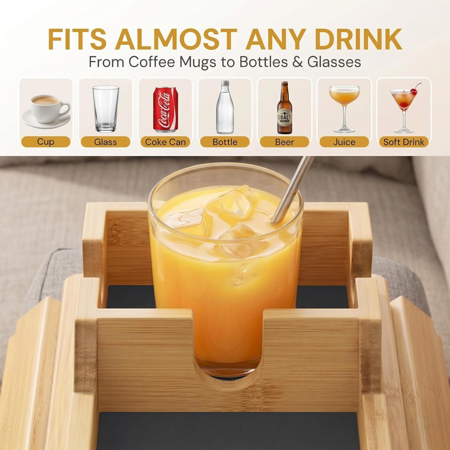 4-in-1 Detachable Bamboo Couch Cup Holder & Arm Tray with 2 Wooden Coasters, Anti-Slip Sofa Arm Tray, Foldable Couch Armrest Table, Organizer for Drinks, Snacks, Remote & Phone