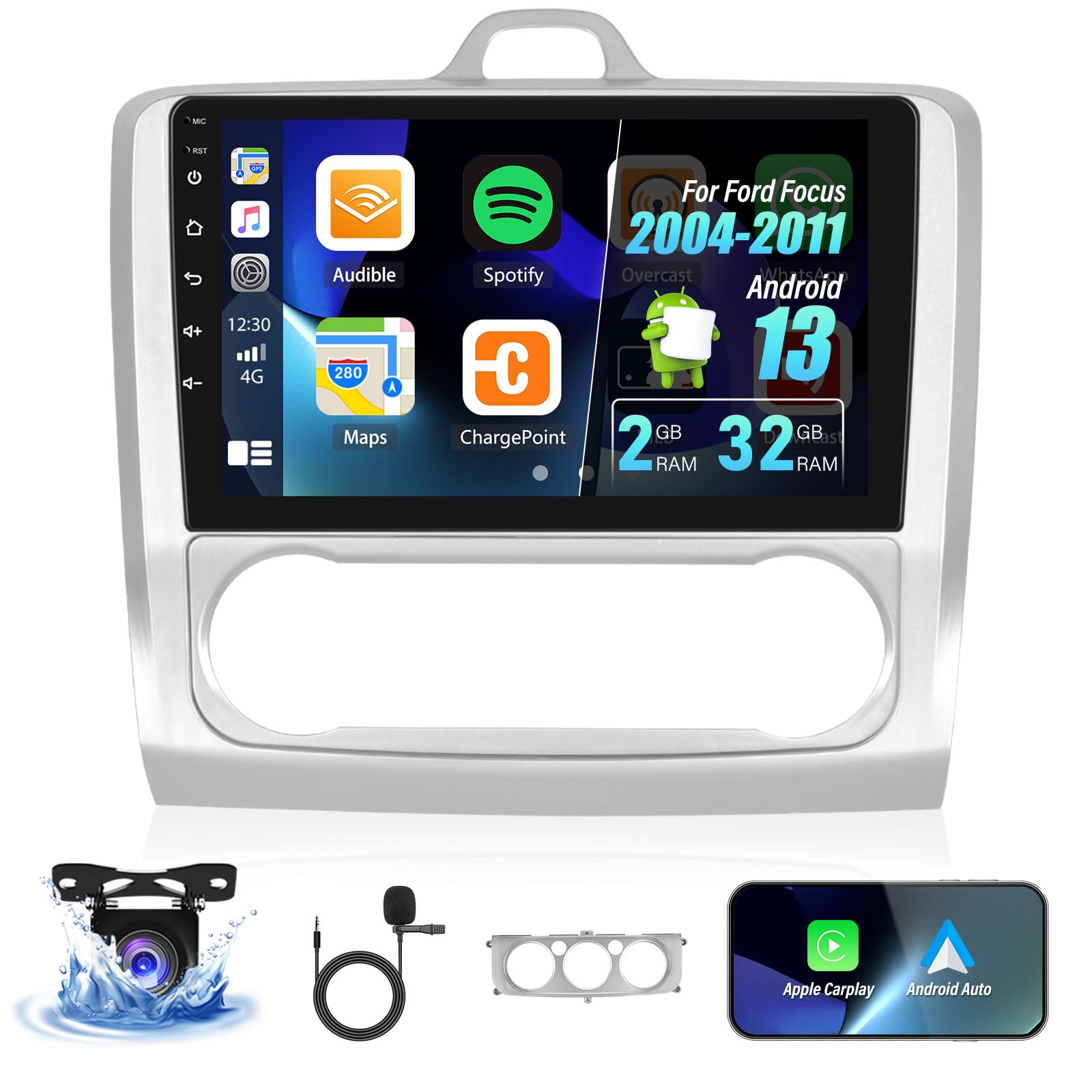 Android 13 Autoradio pour Ford Focus 2004-2011 avec Carplay Android Auto, 9'' HD Touchscreen Radio Player avec Bluetooth WiFi GPS FM EQ Mirror Link écran Partagé + Caméra de Recul