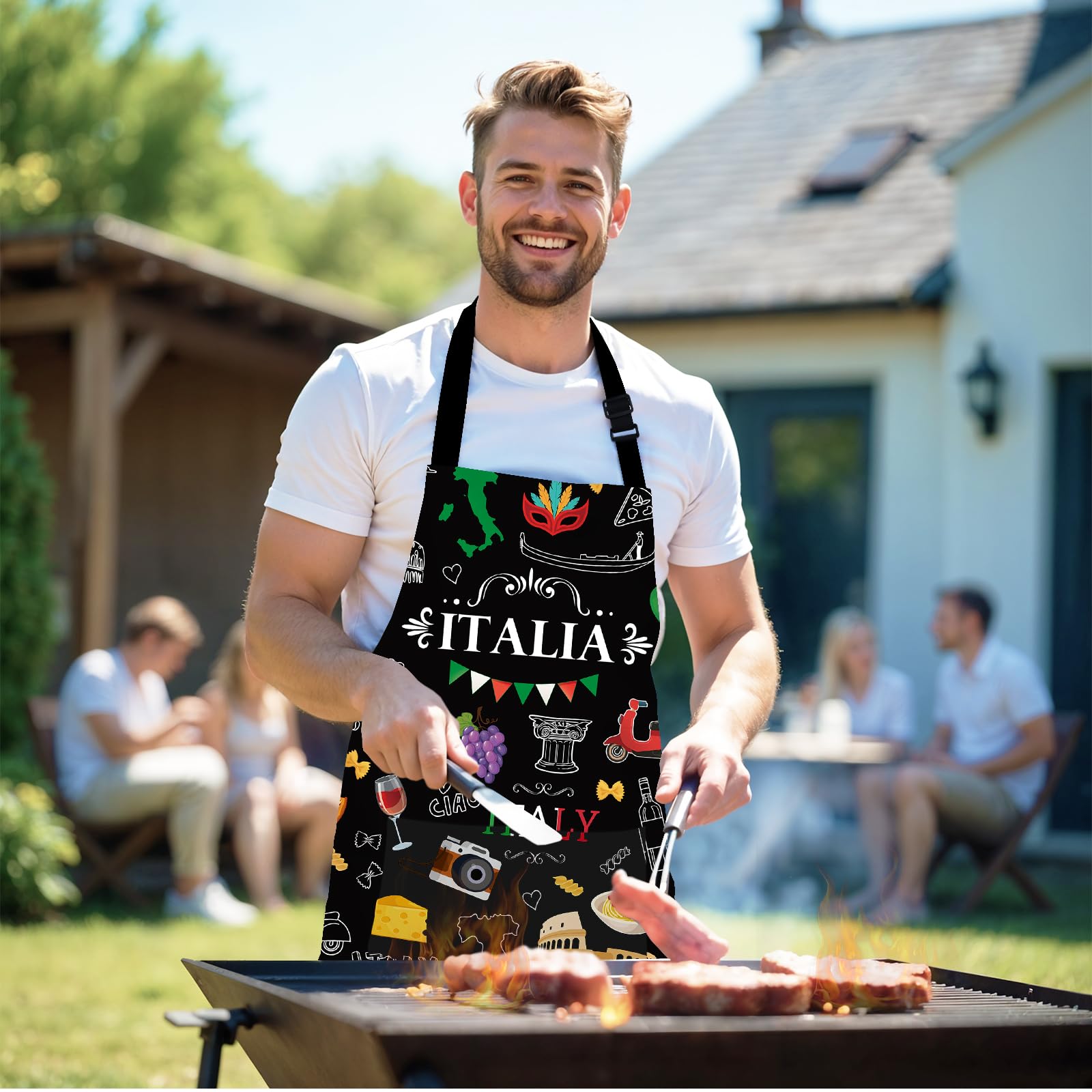 Black Italian Aprons for Cooking, Funny Italian Aprons for Women with Pockets, Italian Cooking Apron for Adults, Kitchen Apron Italian with Food & Special Prints, Grilling BBQ Cooking Aprons for Men