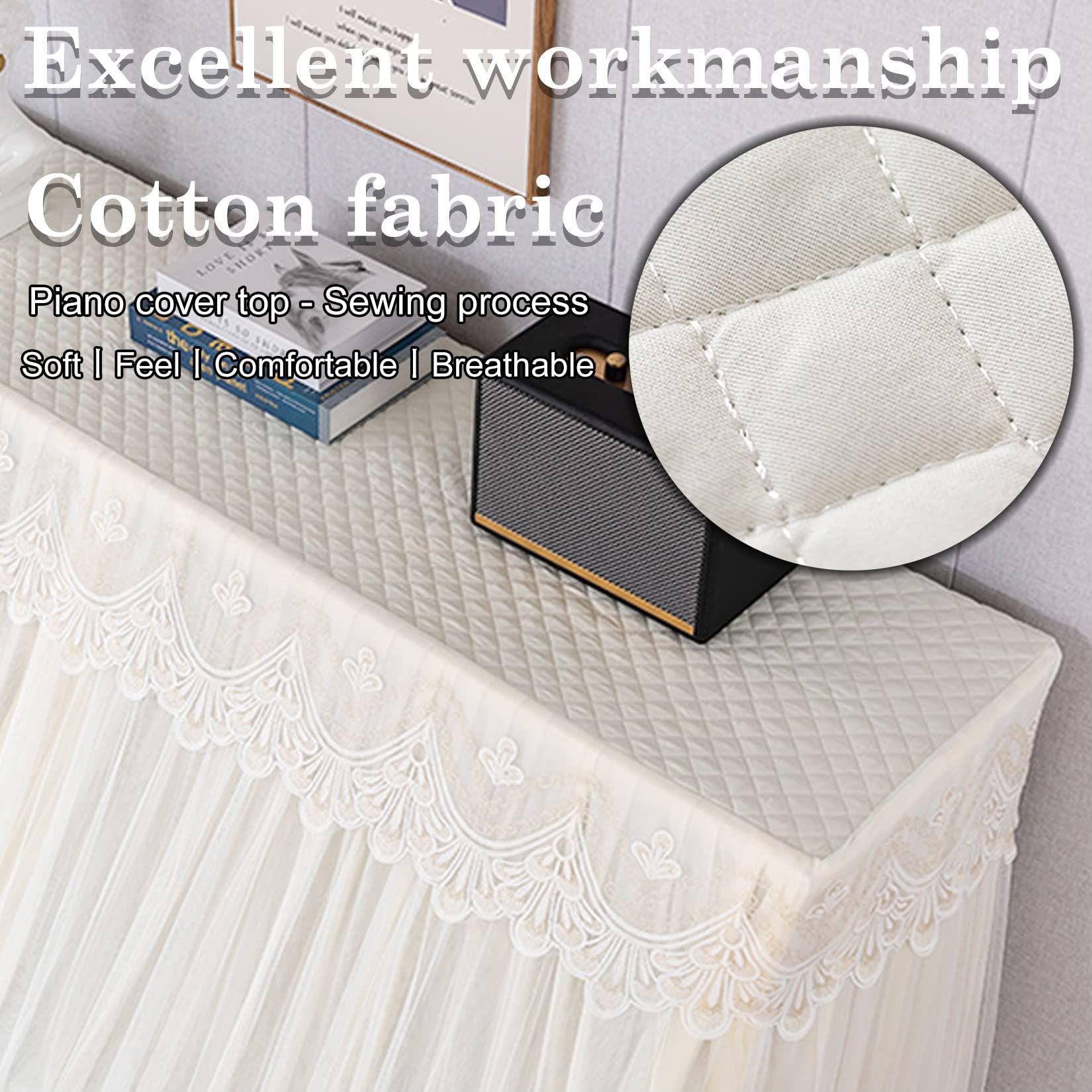 ESOYAWE Copertura di Pianoforte Verticale Coperchio di Protezione per Pianoforti Pianoforte Accessori, Tessuti di Alta qualità Pizzo Ricamo Plissettate Decorazione Copertura Pianoforte