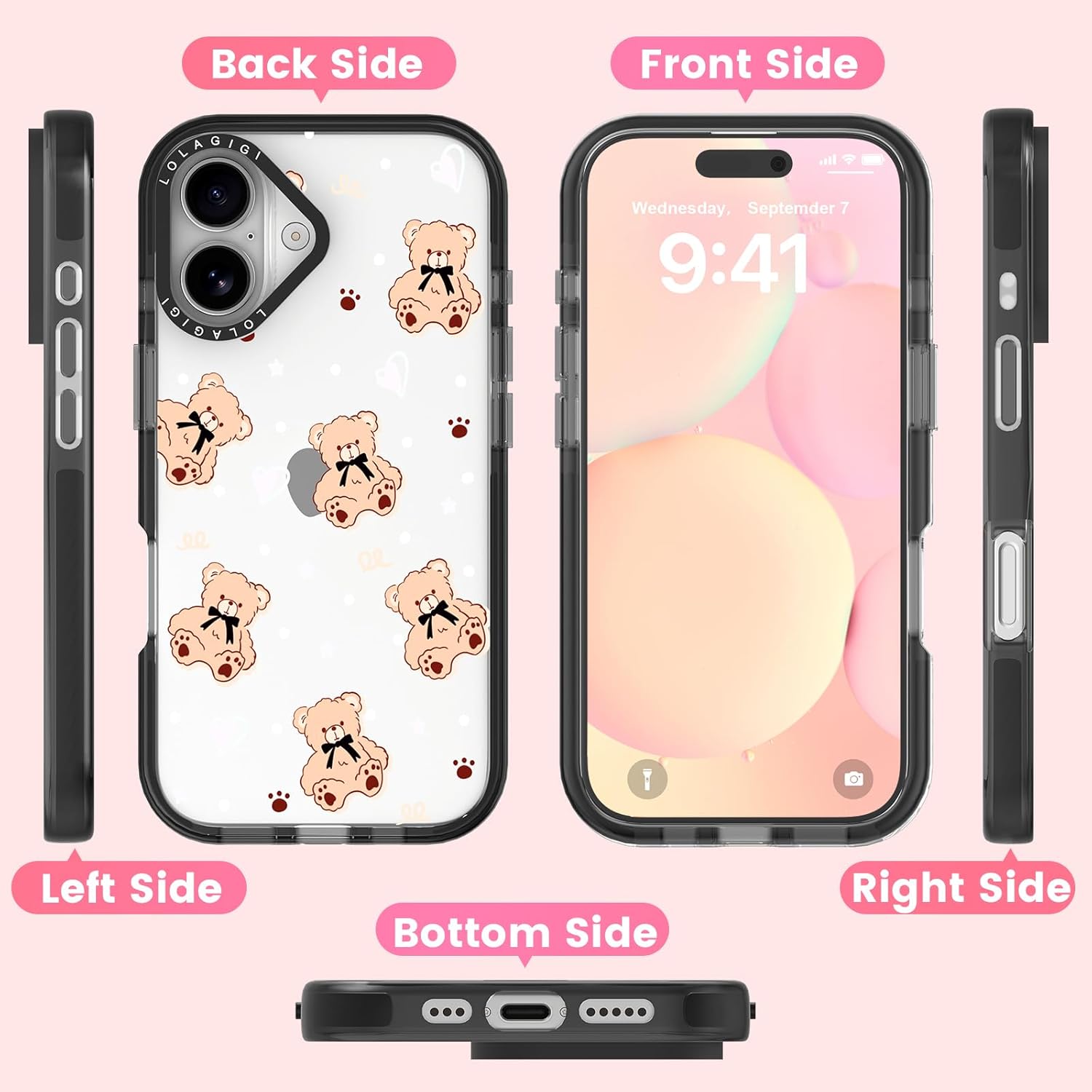 Case for iPhone 16, Cute Brown Teddy Bear Kawaii Design Girly Aesthetic Cartoon Pattern for Women Girls Teens Transparent Acrylic Hard Case,6.1" - Image 6