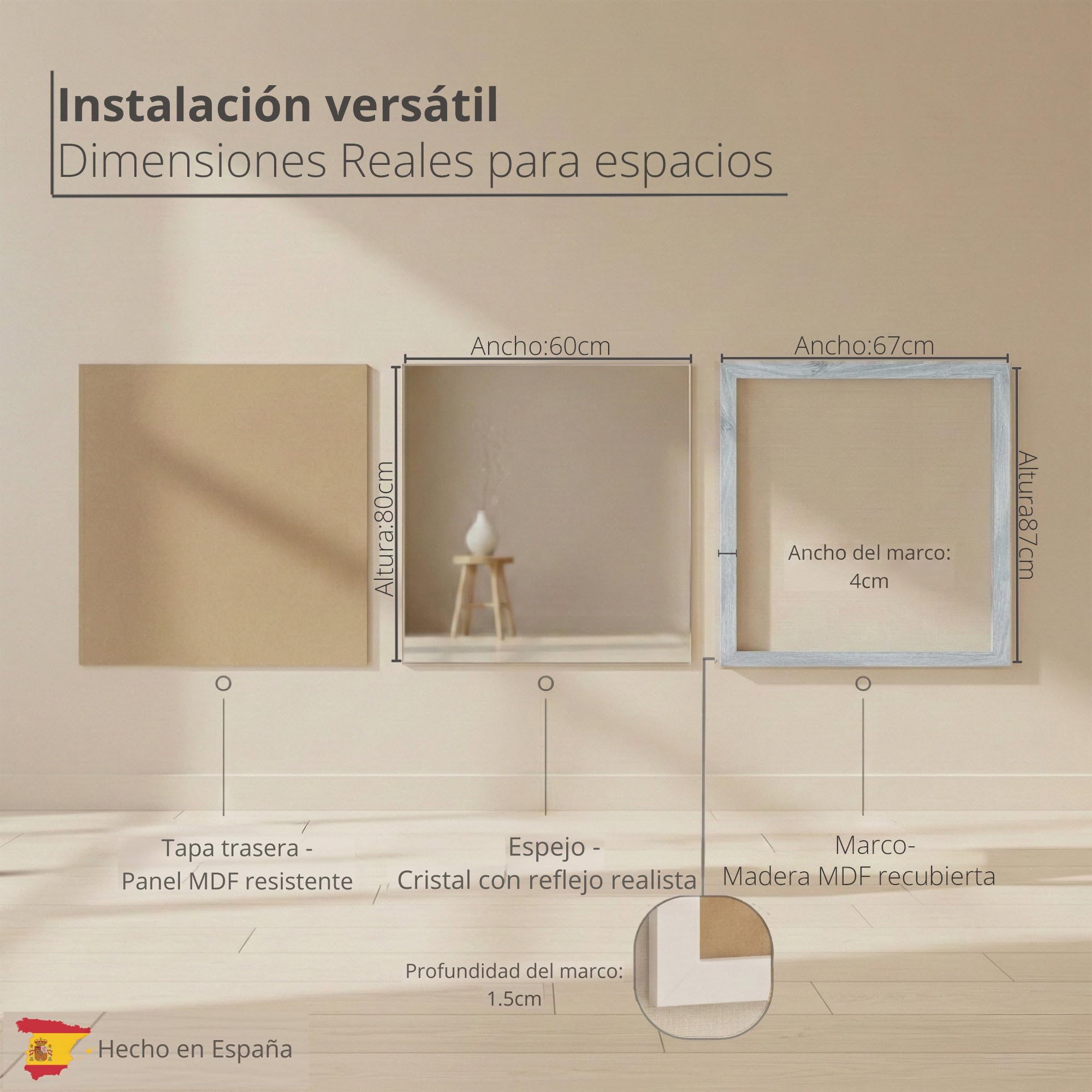 CHELY INTERMARKET MOD128 Espejo Pared Vertical Decorativo Grande Estilo Moderno Marco Madera Cuerpo Entero Elegante 60x80 cm Gris 2004 Ideal Recibidor Dormitorio Baño Incluye Kit Montaje