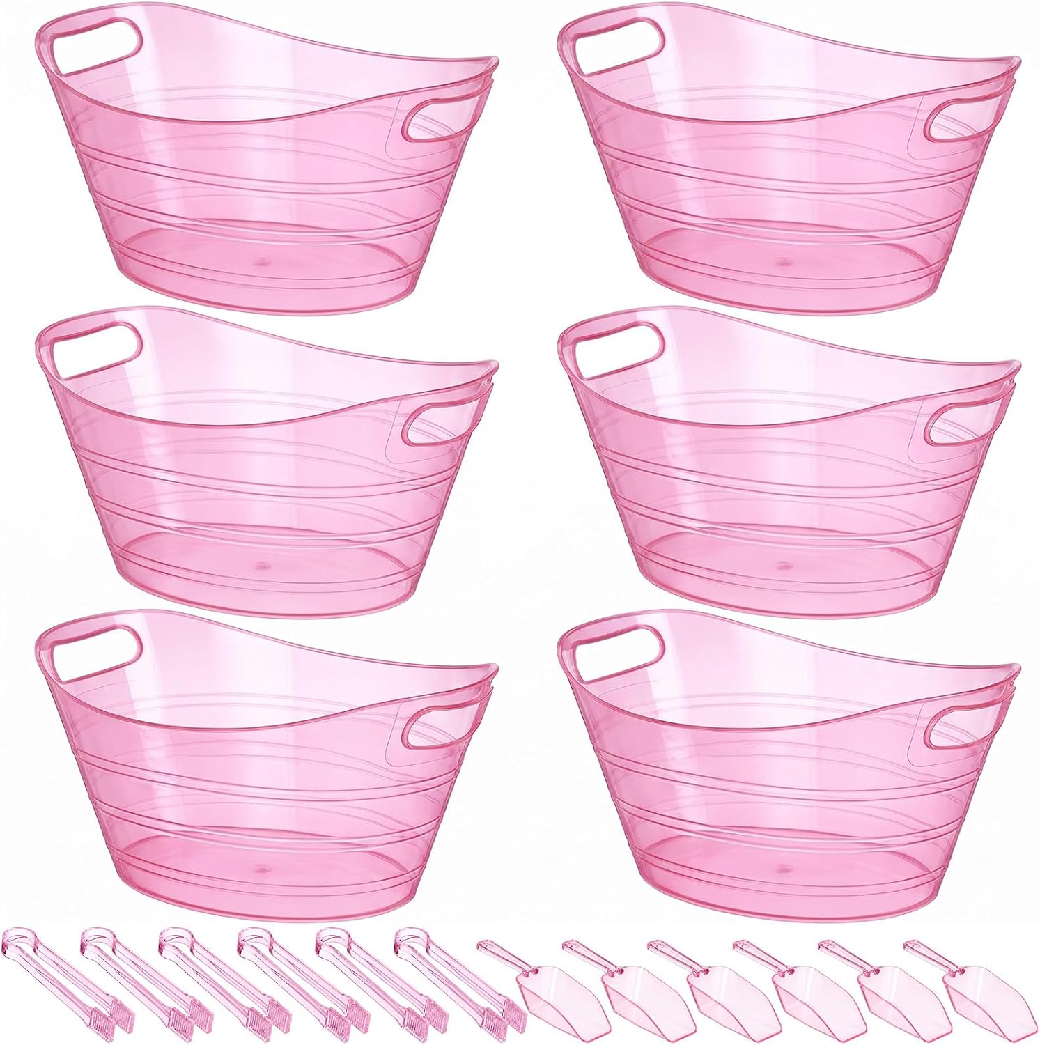 meekoo 6 Set Large Plastic Ice Buckets Bulk with Handle Scoop Tong,Pink | 7 L, Large Oval Storage Tubs, Ice Scoops Tongs, BBQ Wedding Party, Bar Wine Beer Champagne Beverage Cooler