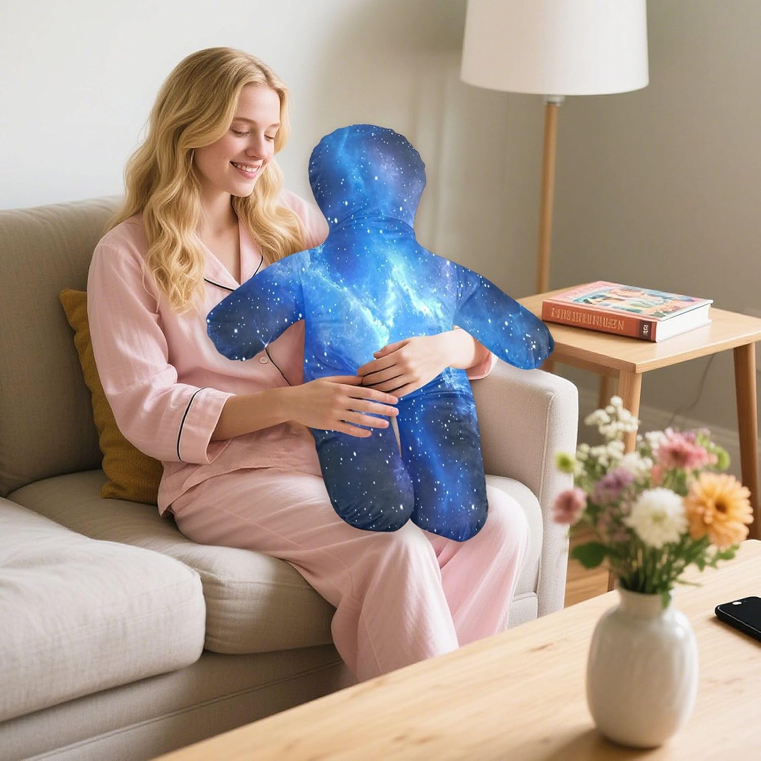 Blue Galaxy Human-Shaped Pillow Soft Body Pillows Washable Velvet Pillows for Anxiety Relief Sleeping Cuddling & Support