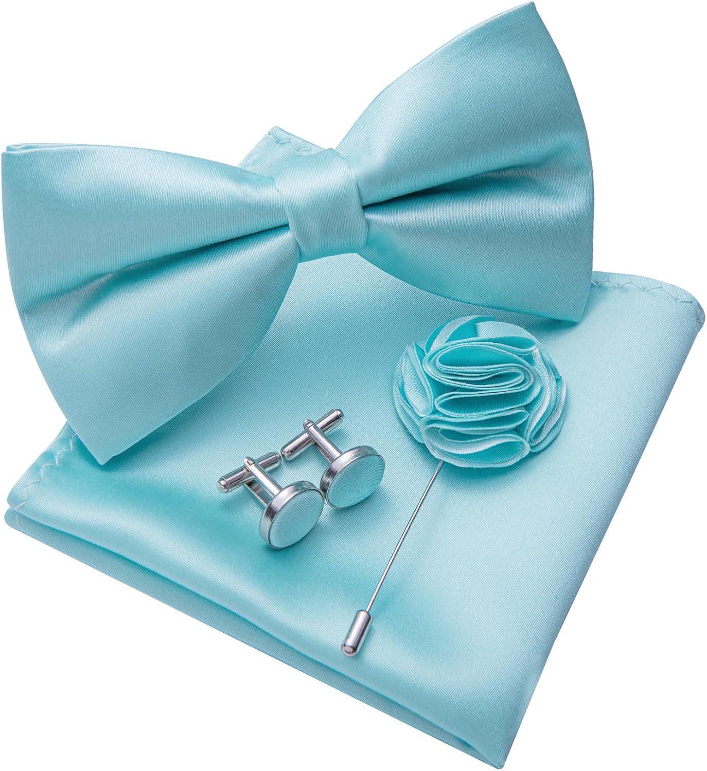 Bow Ties for Men Solid Color Pre-tied Silk Bowtie and Pocket Square Cufflinks Lapel Pin Set Tuxedo Wedding Party 4PCS - Image 3