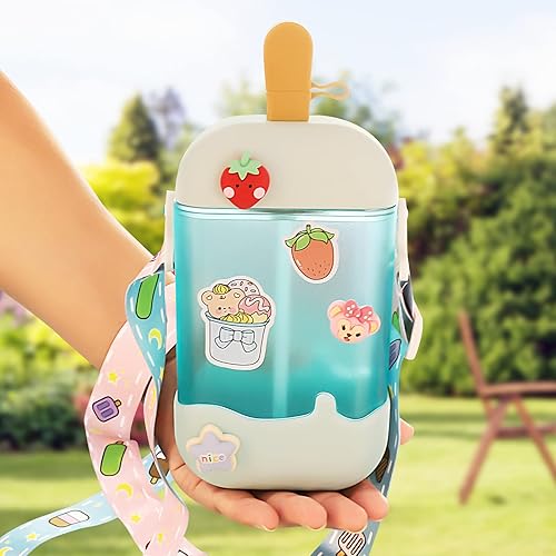 Copas de paletas de helado, tazas para beber jugo, lindas botellas de agua con adhesivo 3D para helado con pajitas sin BPA, correa ajustable para el