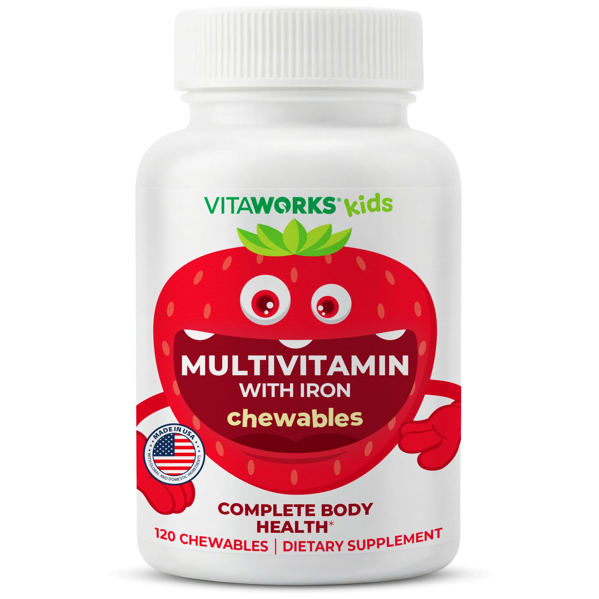 Kids Multivitamin with Iron & Minerals Chewable Tablets - Mixed Fruit Flavor - Vegetarian, GMO-Free, Nut Free - Dietary Supplement - Digestive Support for Children - 120 Chewables",