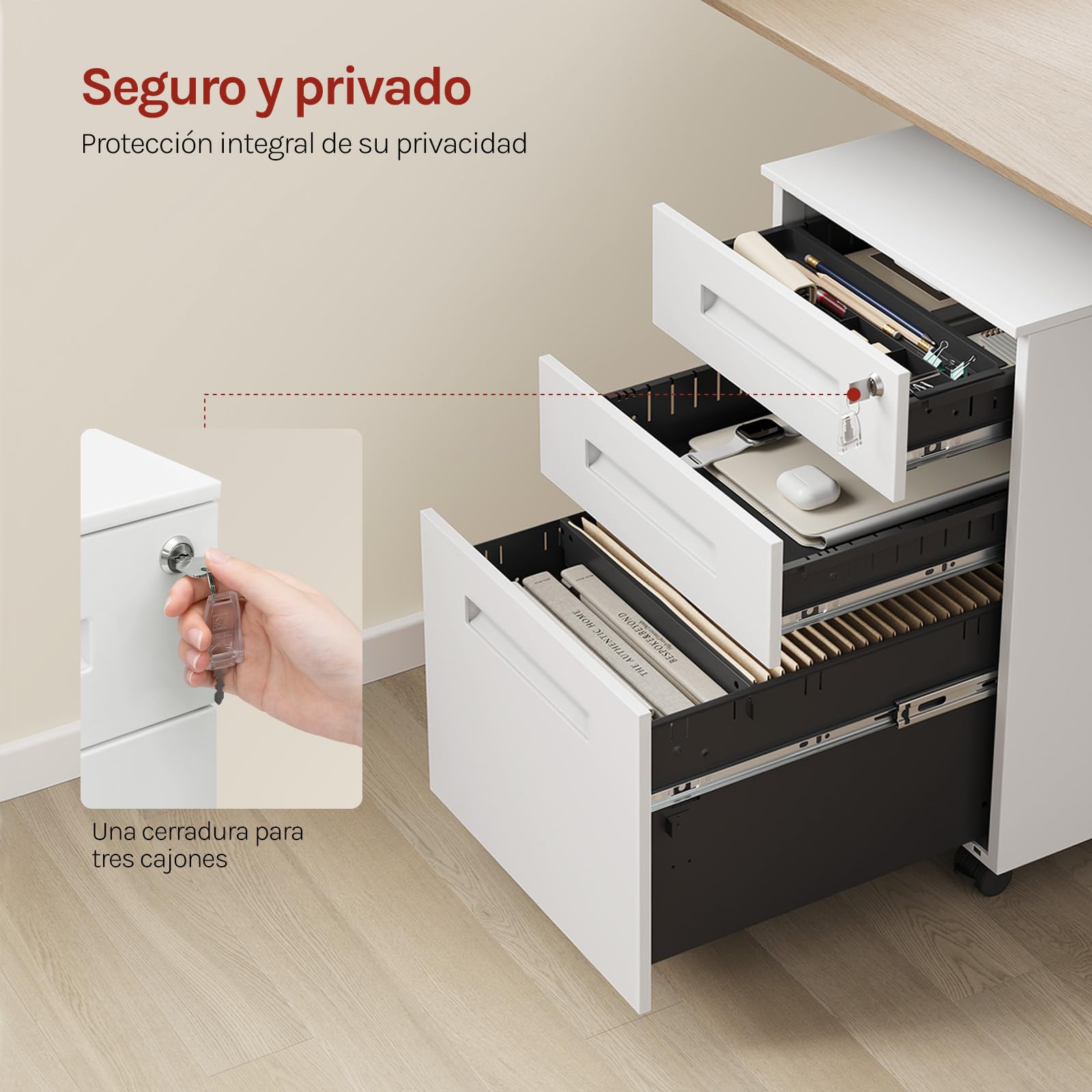 WOLTU Cajonera de Oficina Armario Archivador Móvil con Cerradura, Cajonera con Ruedas para Archivos A4 Carpetas Colgantes, Mueble Archivador Metálico para Oficina, Blanco SK023ws