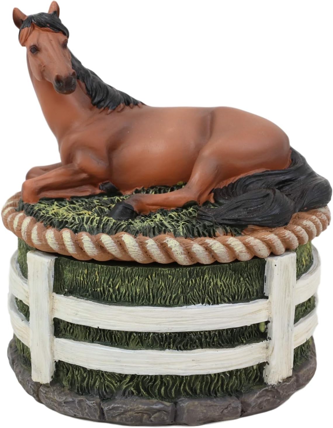 Ebros Gift Colorful Country Farmhouse Stallion Horse At Rest By Green Ranch Pasture And White Farm Fences Round Jewelry Trinket Decorative Box Figurine 5.25"H As Rustic Decor Accessory Storage Accent