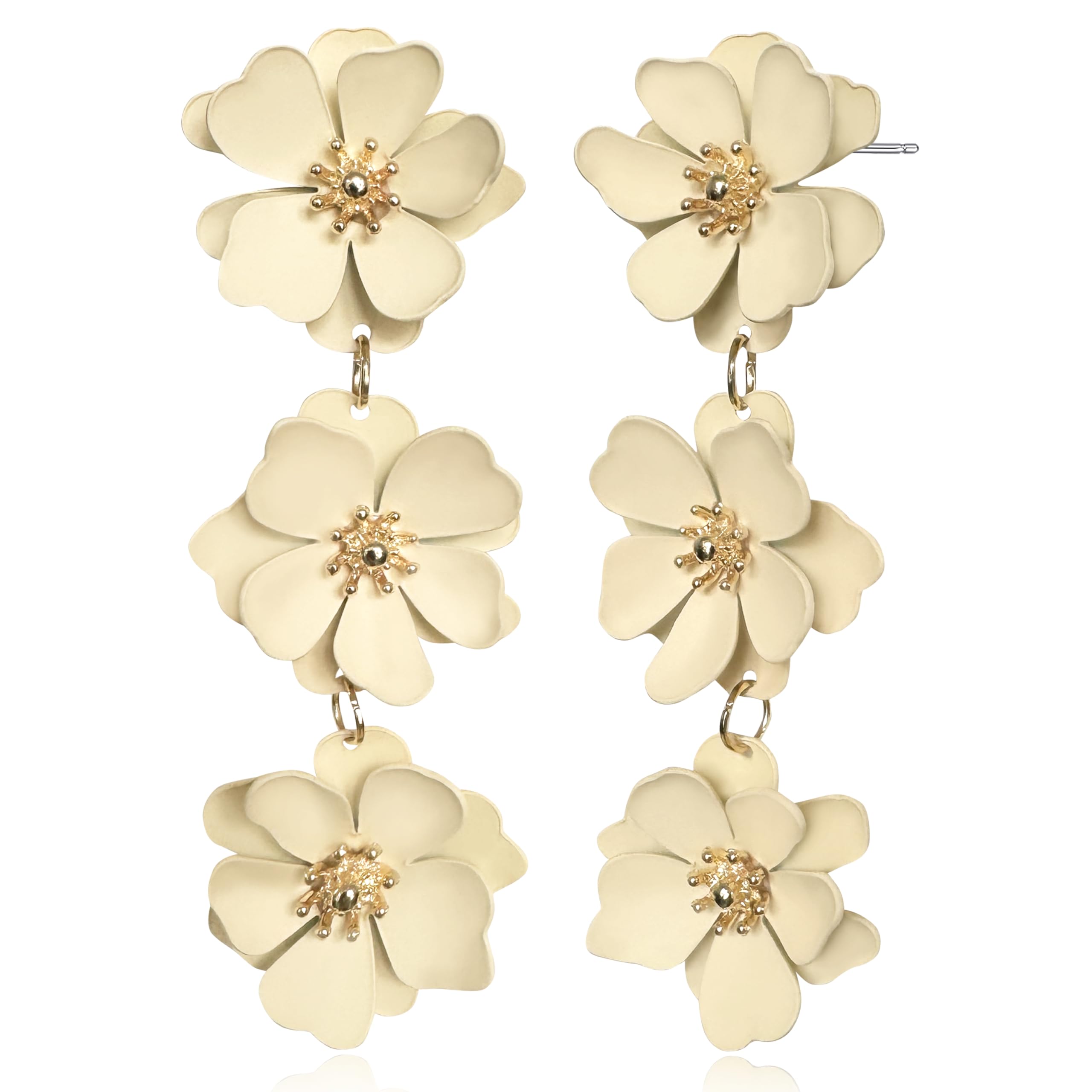 GPASTGElegant Bohemian Matte Tiered Triple Flower Dangle Drop Earrings Chic Charm Cute Long Floral Stud Earrings for Women Statement Jewelry Gifts