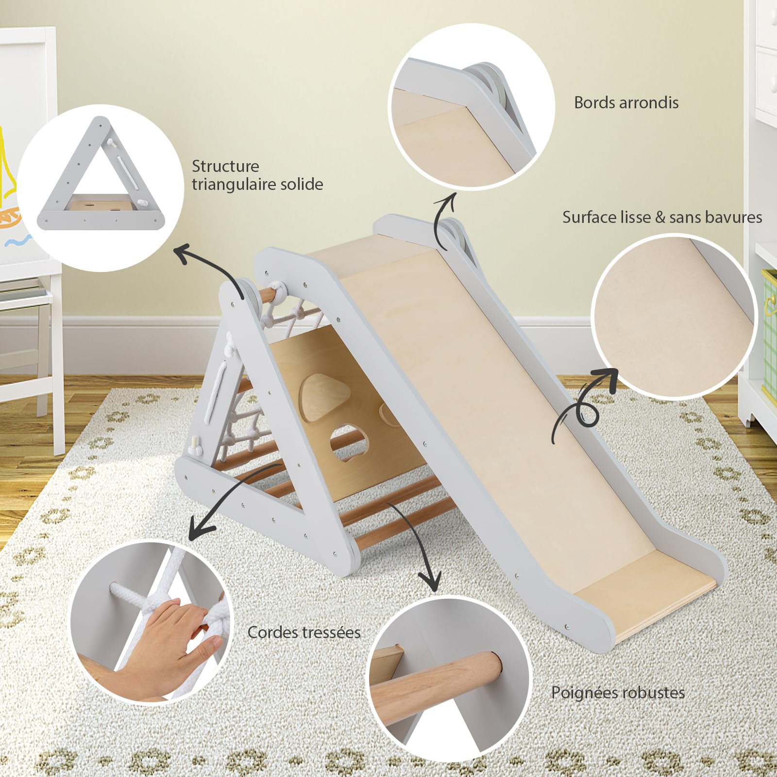 DREAMADE Triangle Montessori d'Escalade 4 en 1 pour Enfant 1+ Ans avec Toboggan en Bois & Filet d'escalade & Échelle, Jouets d'escalade pour Salon Chambre d'enfant Garderie (Gris DREAMADE Triangle Montessori d'Escalade 4 en 1 pour Enfant 1+ Ans avec Toboggan en Bois & Filet d'escalade & Échelle, Jouets d'escalade pour Salon Chambre d'enfant Garderie (Gris