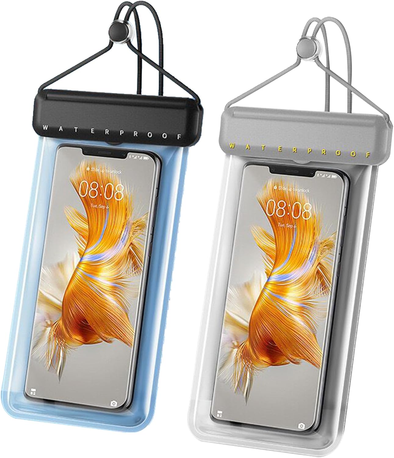 [2 Pack Universal Waterproof Phone Pouch，IPX8 Water Proof Cell Phone Dry Bag for iPhone 15 14 13 12 11 XS XR X Pro Max Plus Mini, Diving Beach Fishing Dry Bags Waterproof (Black/Gray)