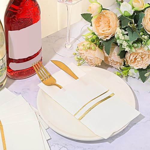 Miniatura 5 de Roshtia Paquete de 50 servilletas desechables de lino con bolsillo integrado para cubiertos con ribete dorado, papel preplegado para bodas (blanco,