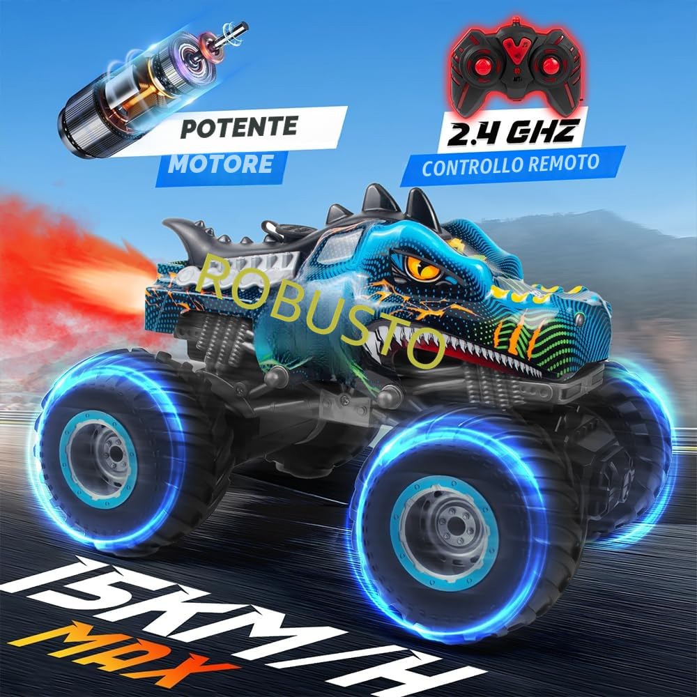 Macchina Telecomandata 1:16 Dinosauro RC Monster Truck 2.4 GHz 20 Km/h Auto Telecomandata con Nebbia Spray Musica Luci LED Auto Radiocomandata RC Auto per Bambini di 4 5 6 7 8 anni