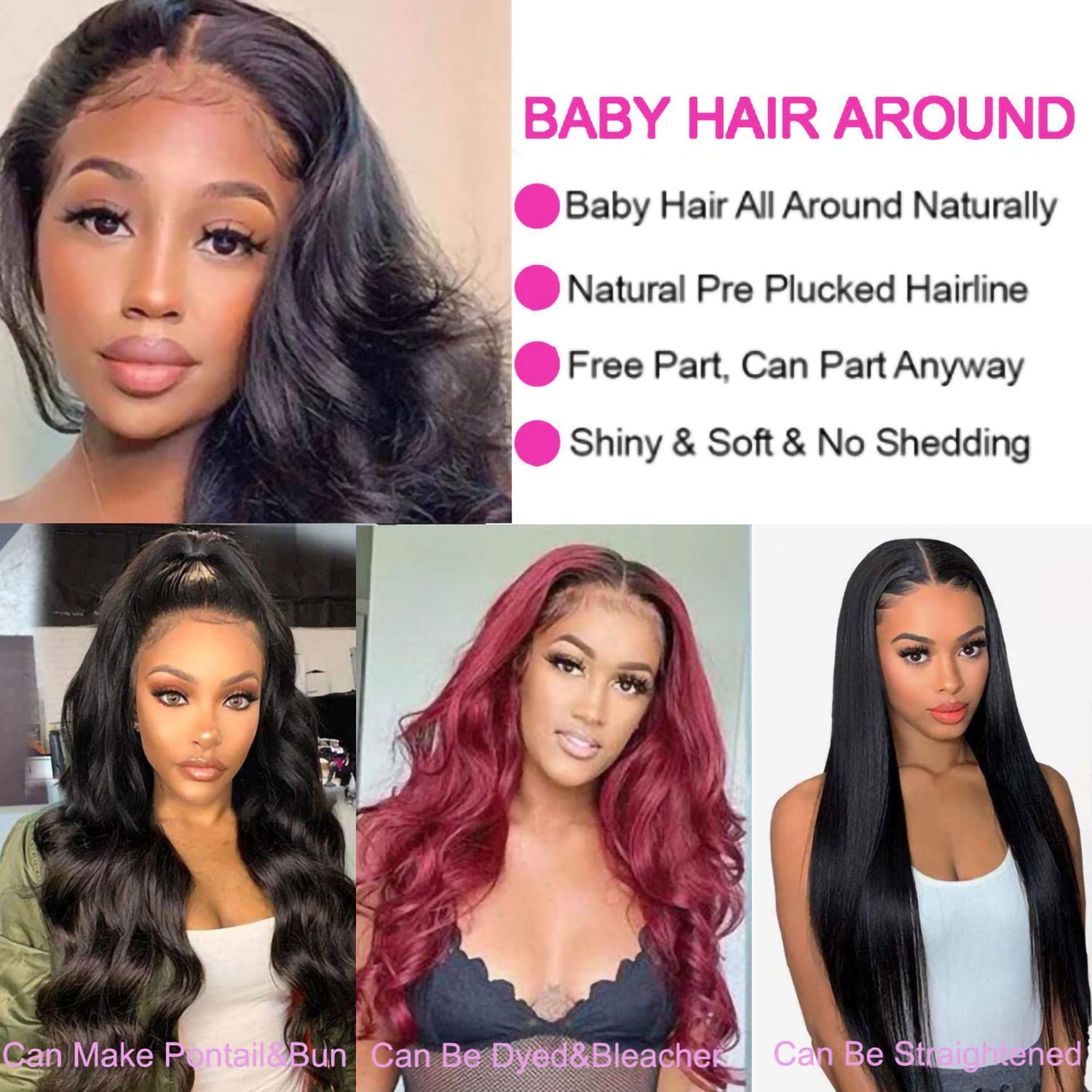 HC 13x6 Lace Front Wigs Human Hair 180 Density Body Wave HD Lace Frontal Wig Pre Plucked Brazilian Human Hair Wigs for Black Women Natural Hairline Glueless Human hair wigs with Baby Hair 40inch