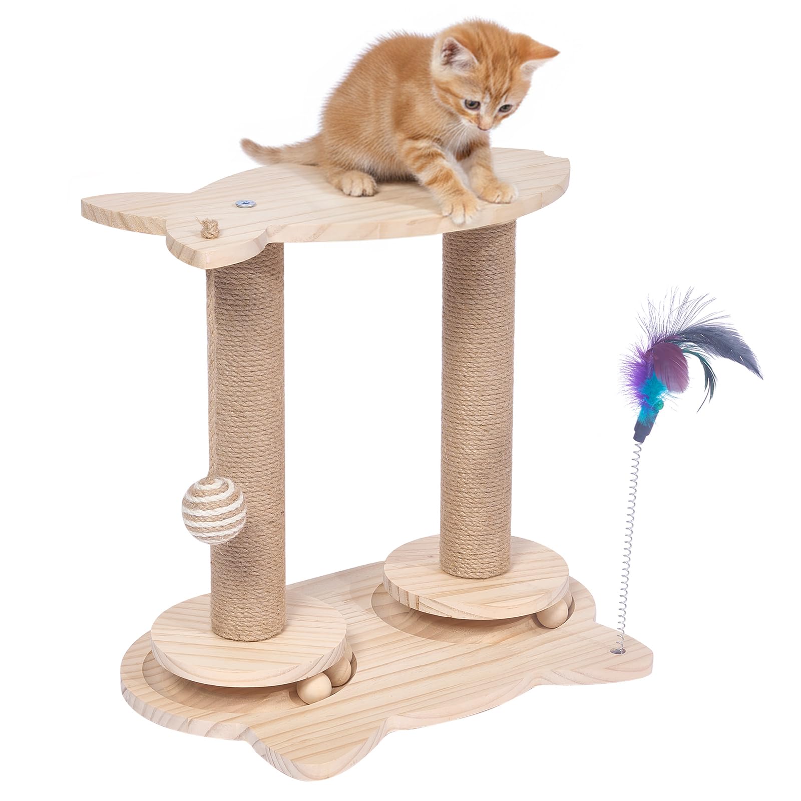 Kratzsäulen Katzen Interaktives Katzenspielzeug Aus Holz Spielzeug Katzenbaum mit Federn und Sitzstange für Kleine und Mittlere Erwachsene Katzen
