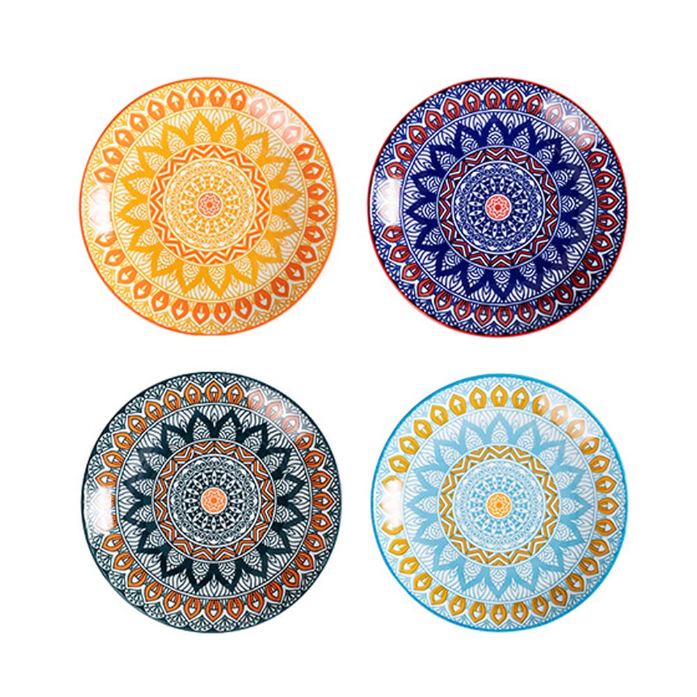fanquare Lot de 4 Assiettes à Salade en Porcelaine - 20 cm Ensemble d'Assiettes en Céramique Boho Floral, Assiette d'Appoint pour Salade, Pâtes, Dessert, Fruits, Gâteau, Apéritif