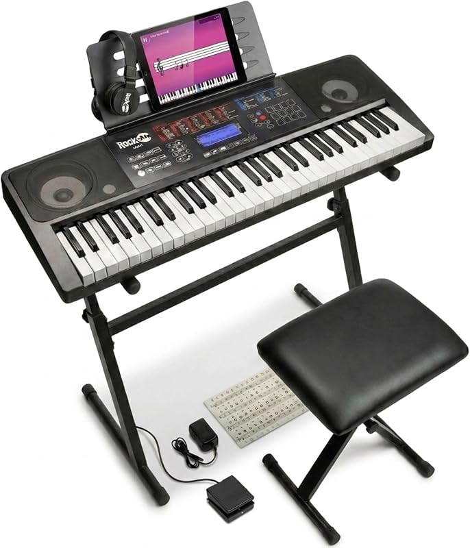 RJ761 61 Key Keyboard Piano Kit, Stand, Stool, Sustain & Headphones | Beginner electric keyboard piano set with touch display, sustain pedal and Simply Piano lessons for kids and adults