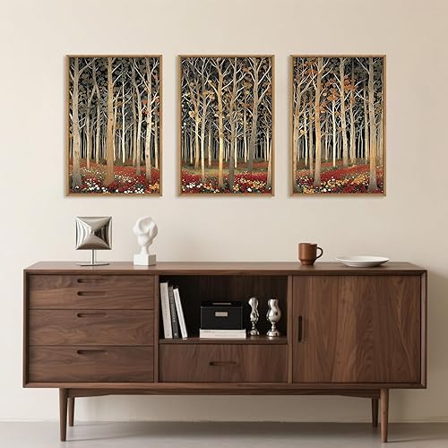 Miniatura 3 de Arte de Pared de Lienzo Enmarcado de Árboles de Abedul de Otoño Modernos Grandes, Decoración de Pared de Árboles de Álamo Bohemios, Arte de Bosque
