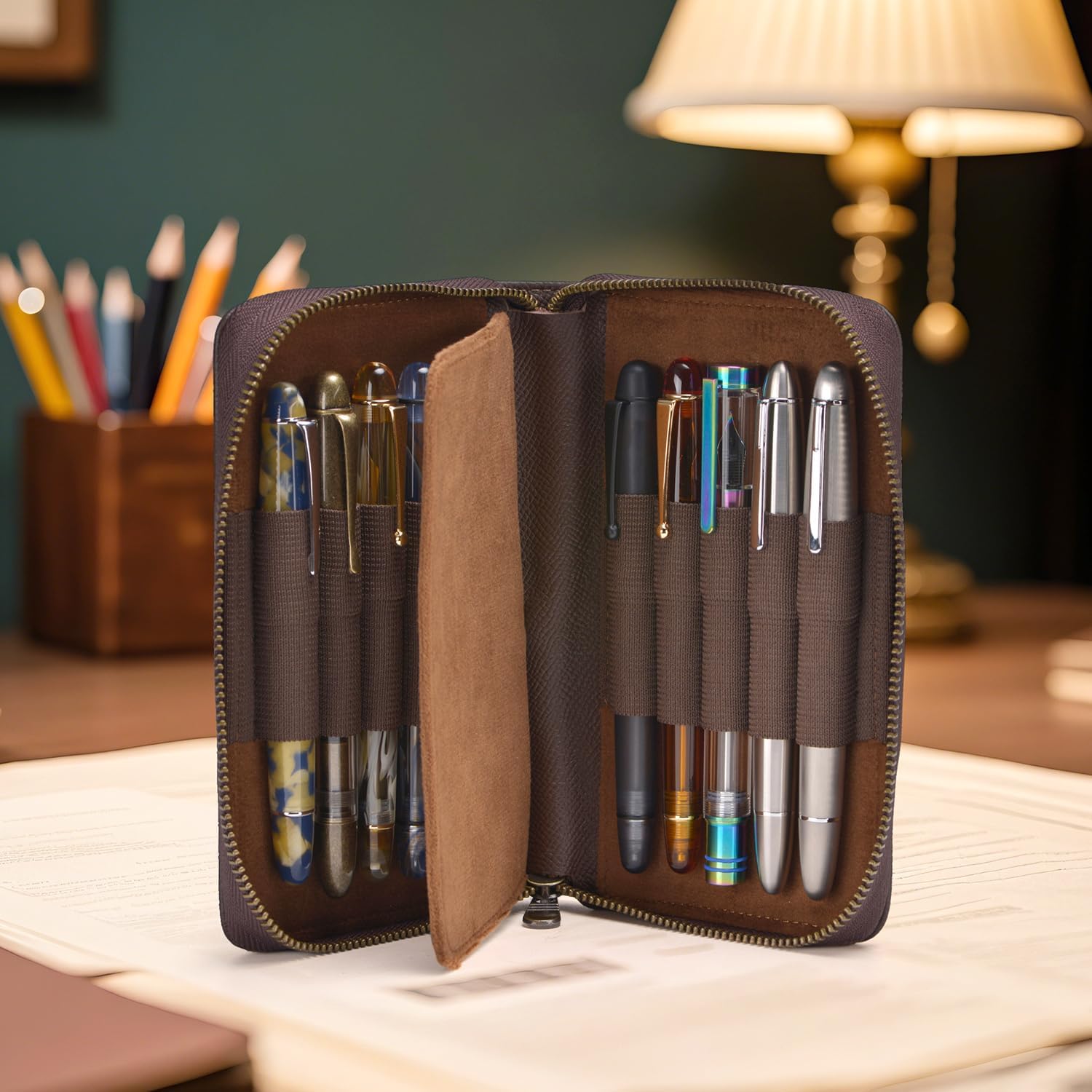 Fountain Pen Leather Pen Case 10 Divided Slots, Rollerball Pen Holder Handmade Display Organizer Zippered Pouch