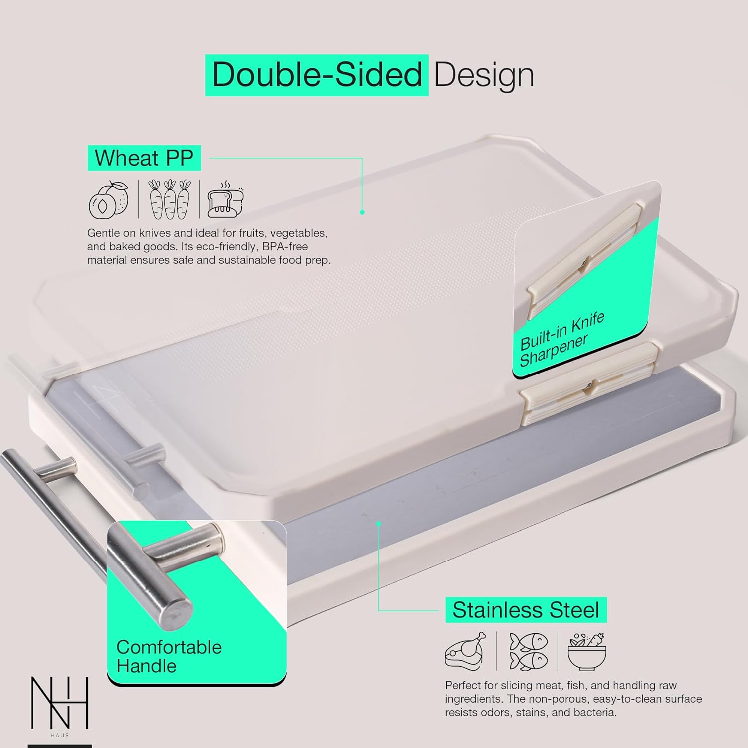 Double-Sided Stainless Steel Cutting Board – Durable, Hygienic, Built-In Knife Sharpener, Wheat PP Side for Fruits & Veggies, Bench Scraper Included