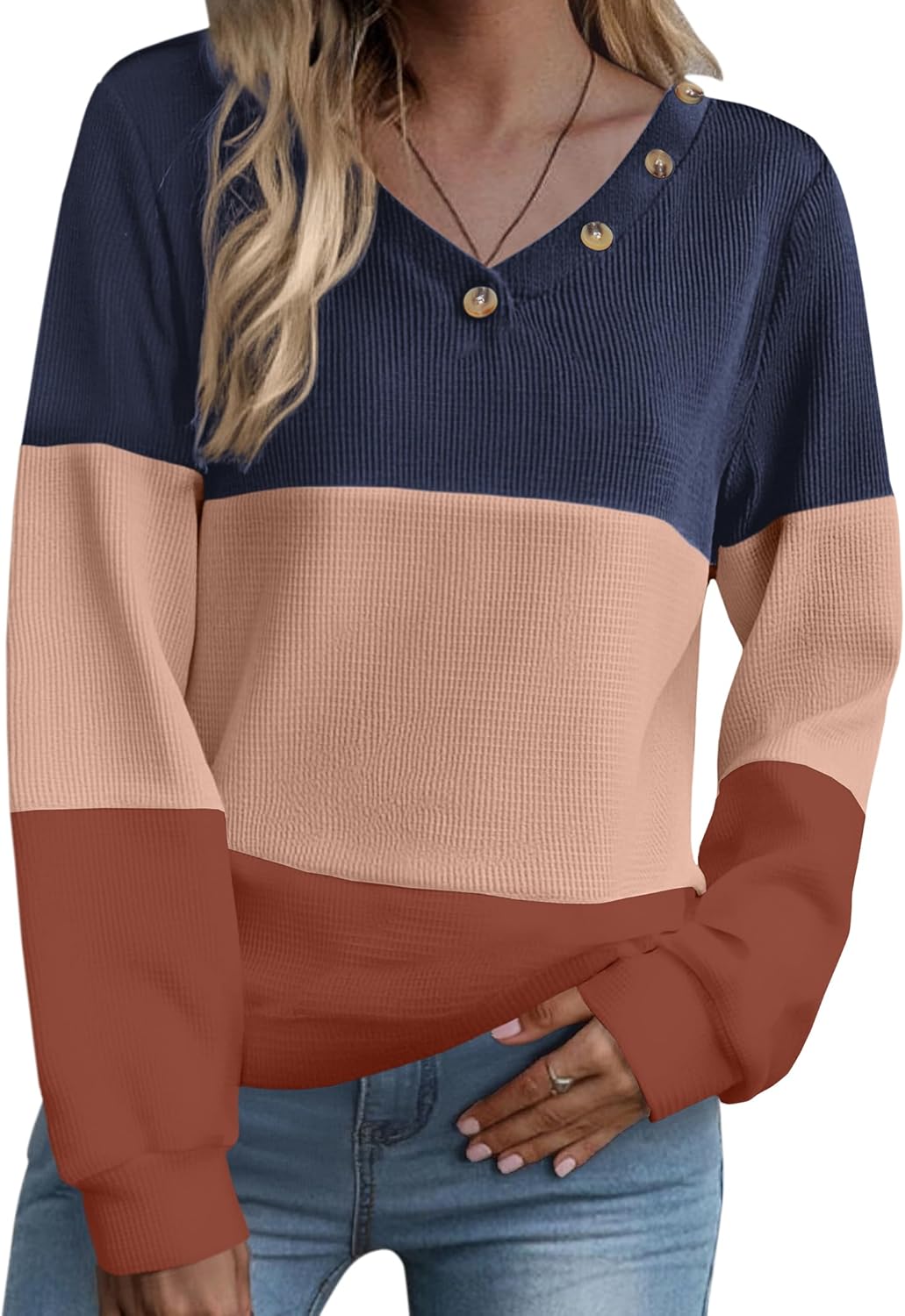 Zeagoo Women Waffle Knit Tops V Neck Long Sleeve Tunics Color Block Casual Blouse Fall Fashion 2026 Button Decor T Shirt