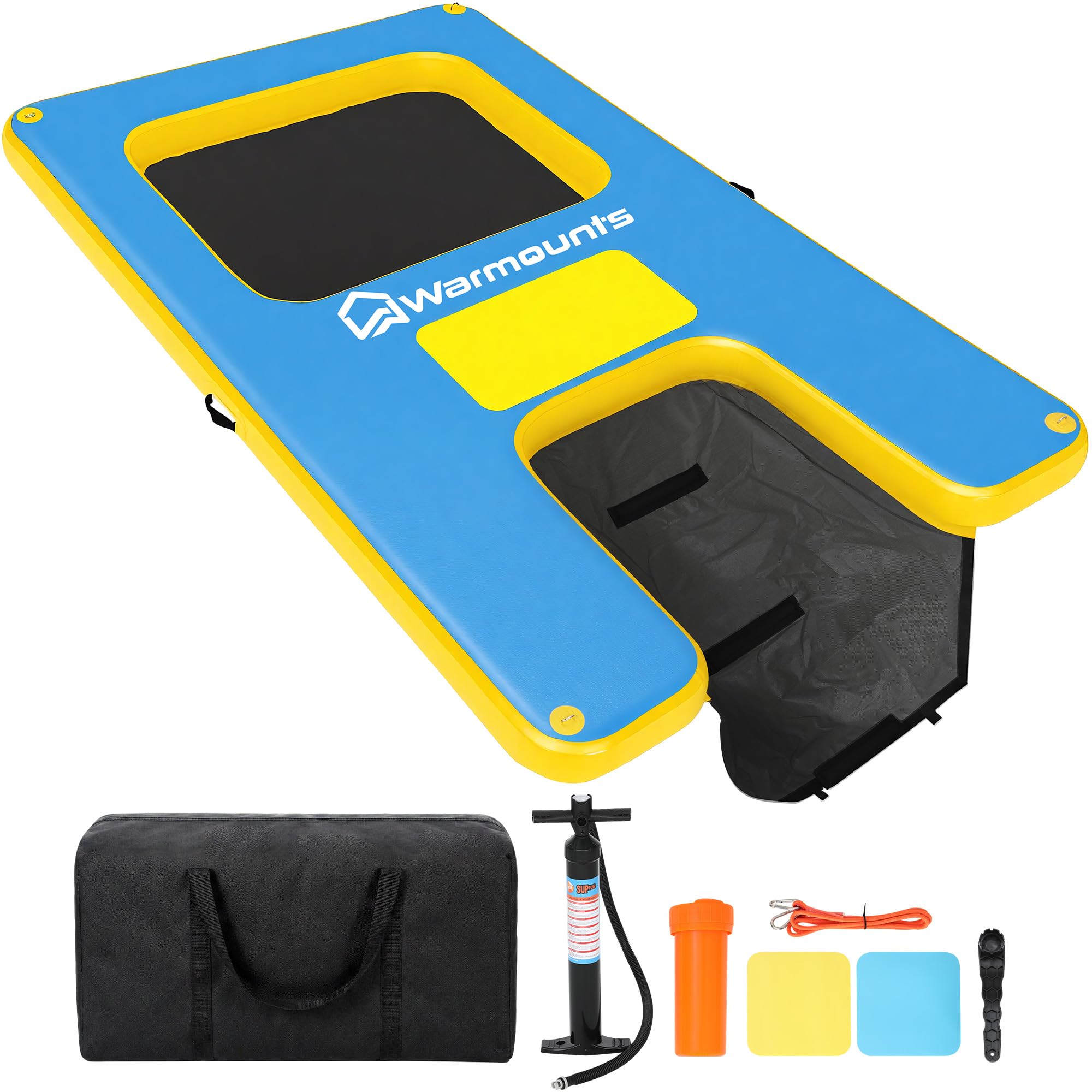 WARMOUNTS Aufblasbare Schwimminsel mit Hunderampe & Wasserhängematte, rutschfeste Schwimmplattform für See Pool Meer, Badeinsel für Erwachsene & Hunde (300x180cm, 340kg) inkl. Pumpe & Tasche