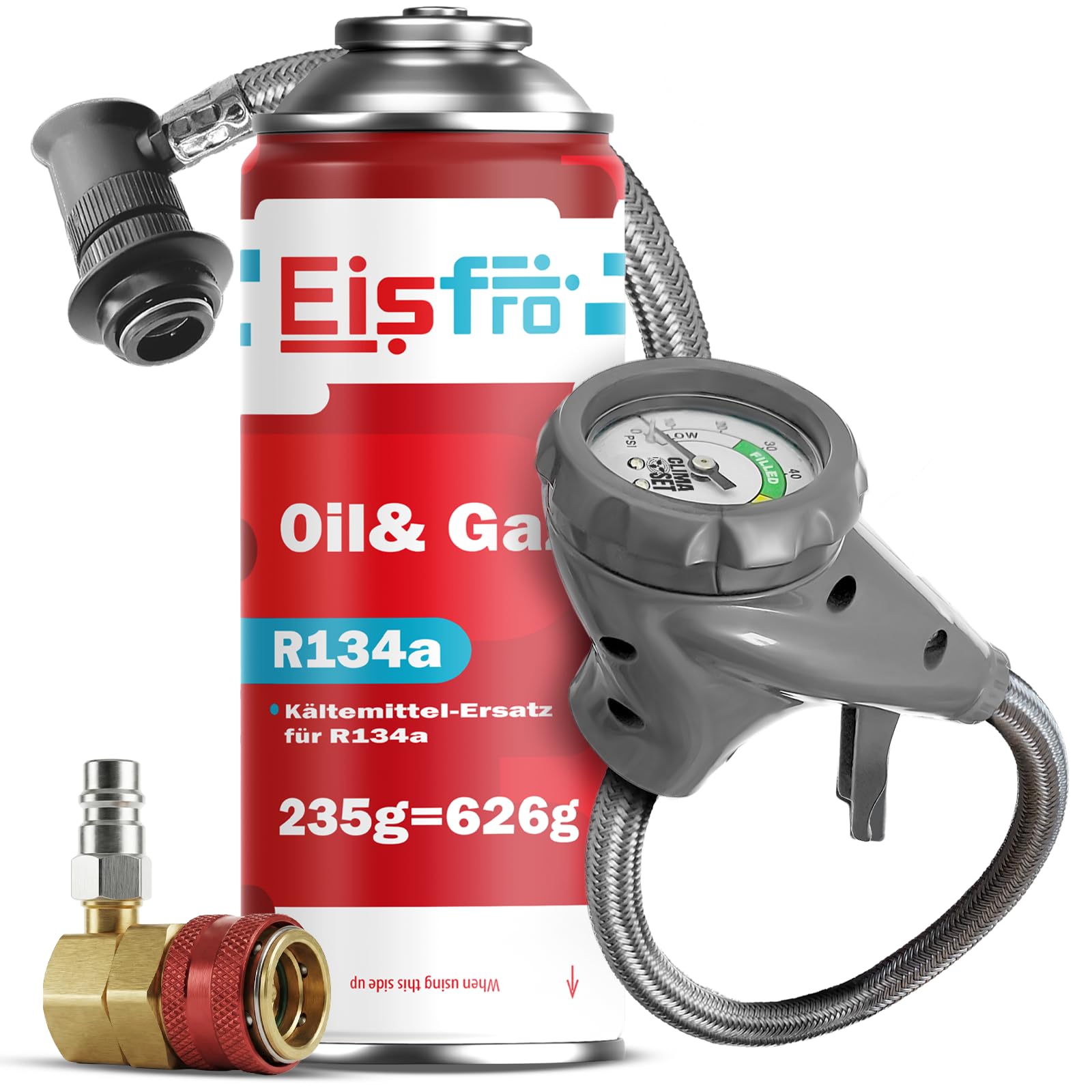 Zamiennik Czynnika Chłodniczego R134a Gaz 1x 235 g z Wężem i Adapterem HP/LP do Klimatyzacji – Napełnianie Klimatyzacji Samochodowej – Gaz R134a – Kartusz Gazu – ECO