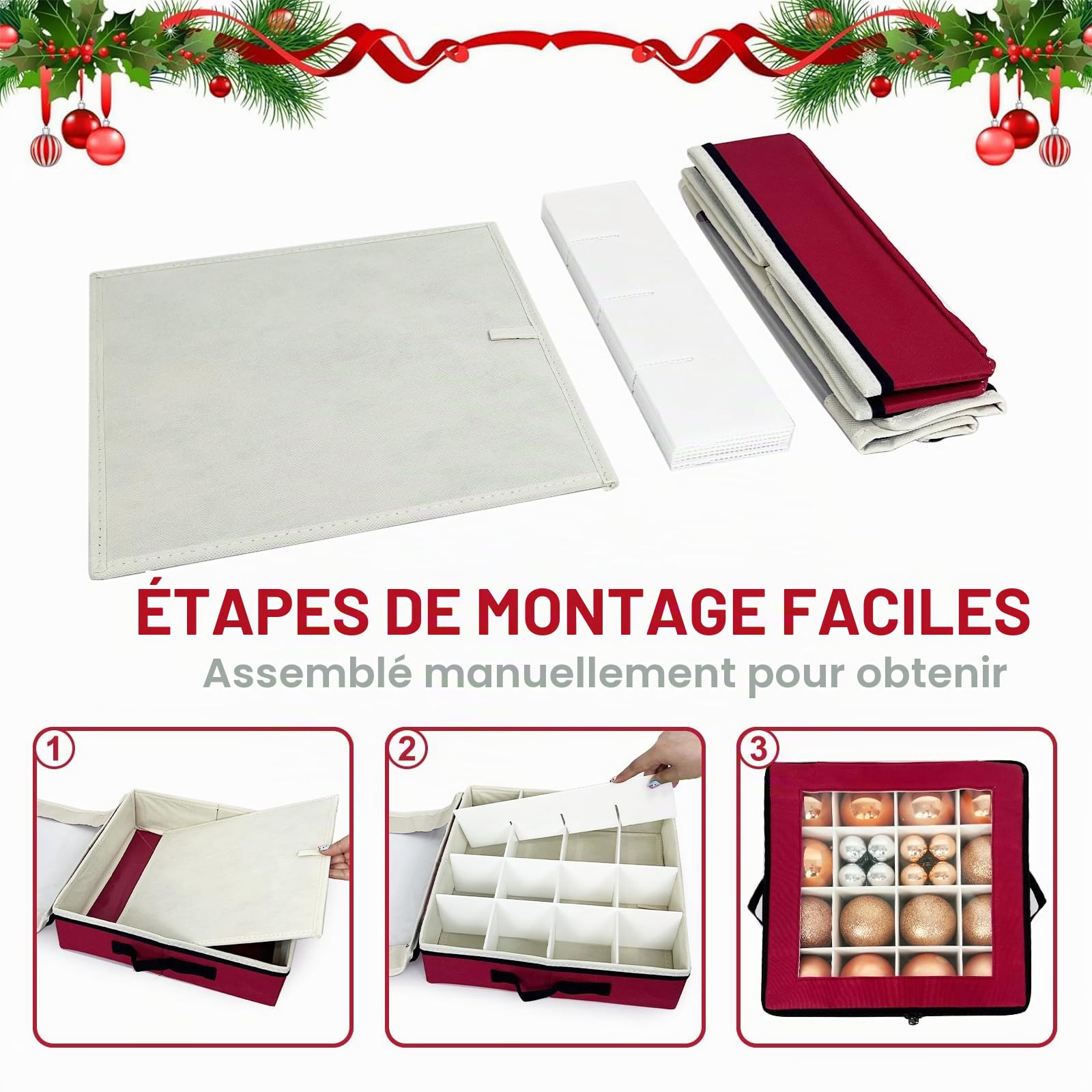 Boîte de rangement pour boules de Noël avec séparateurs - 4 pièces de rangement pliables pour décorations de Noël avec 2 poignées et couvercles pour les fêtes (Rouge)