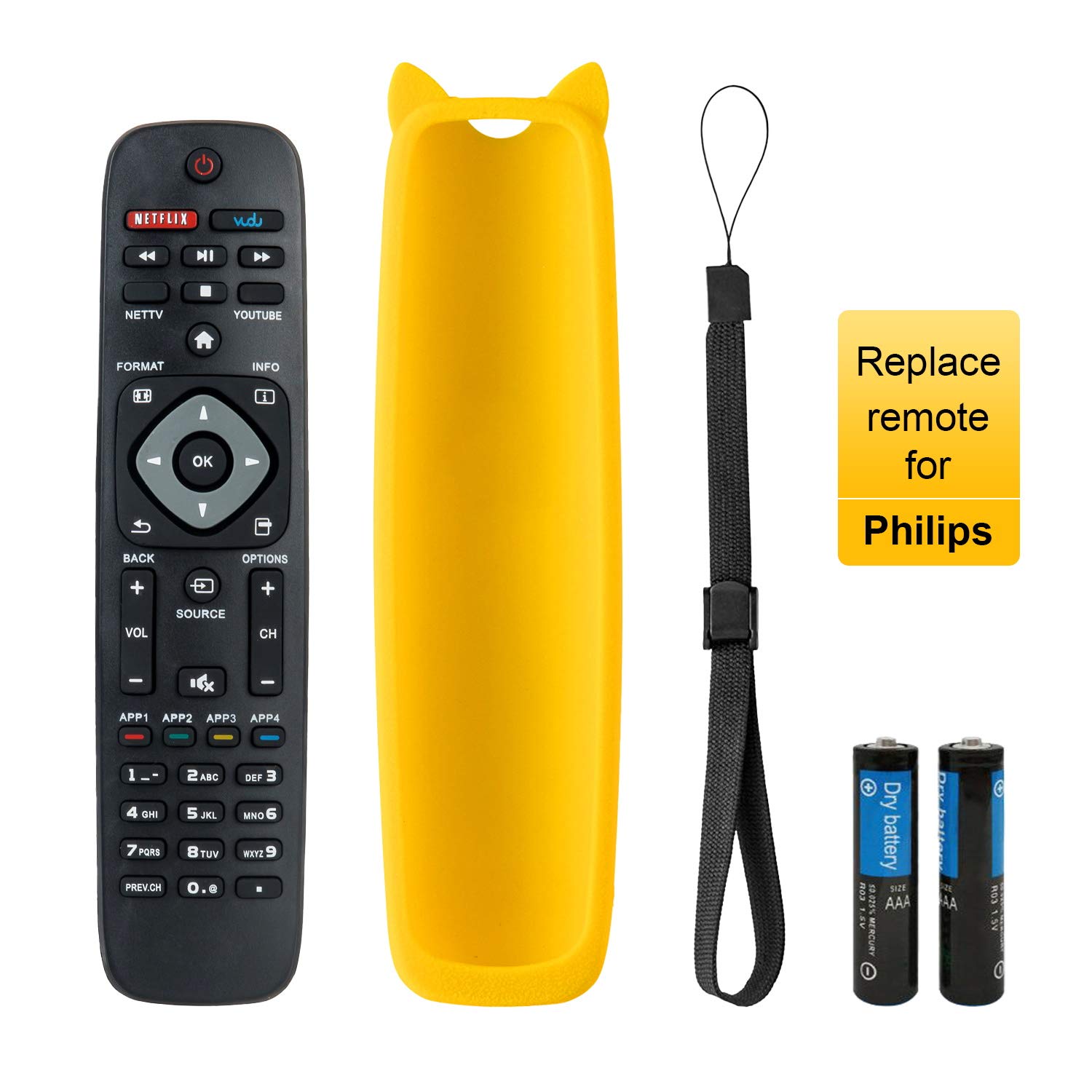 NH500UP Replace Remote Compatible with Philips Remote Control for Smart TV with Yellow Glowing Cover for Philips TV Remote Replacement NH500U NH500UW NH503UP with Battery for Philips Smart TV Remote