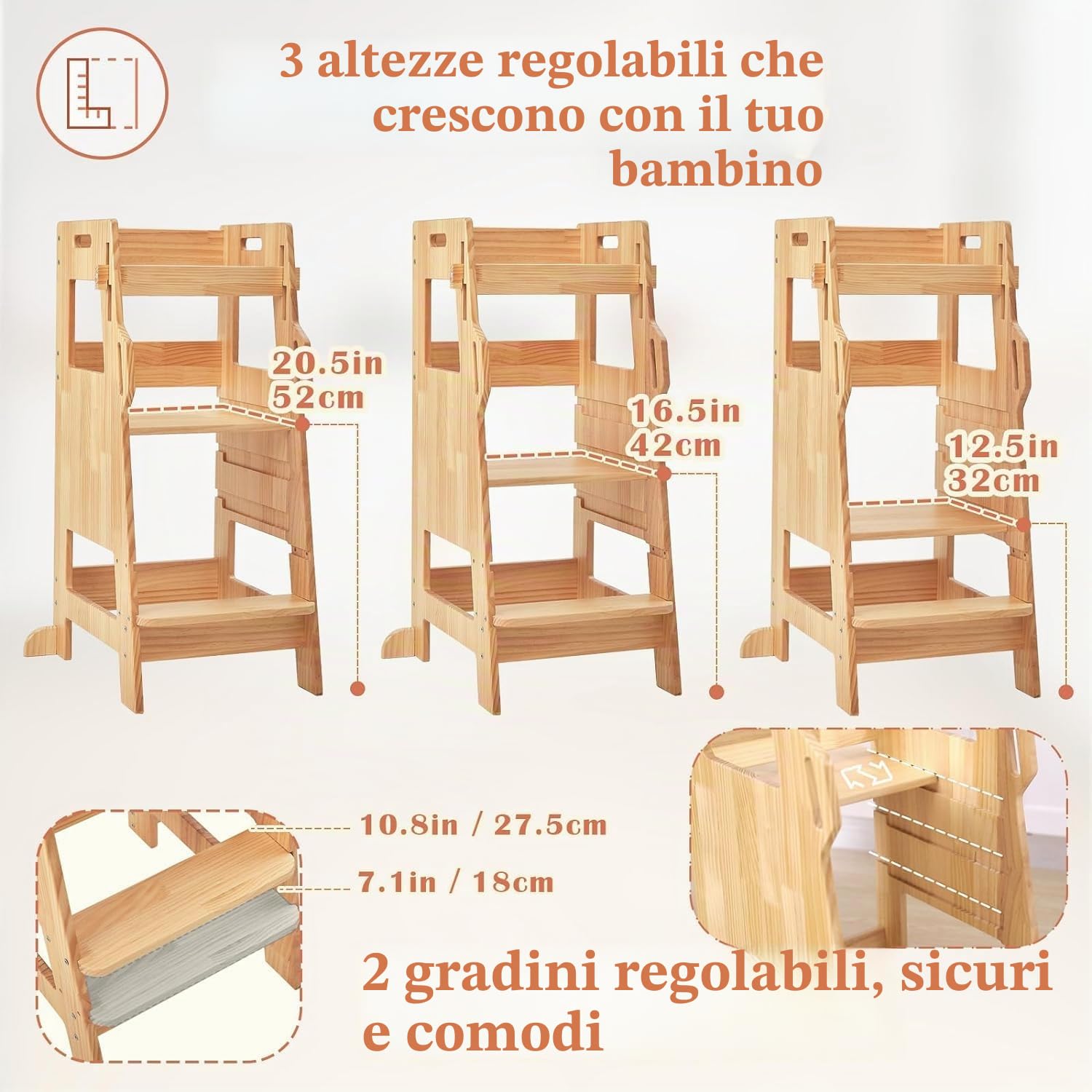 FUNLIO Torre Montessoriana Bambini con Rete Sicurezza, Regolabile 3 Livelli, Torre di Apprendimento