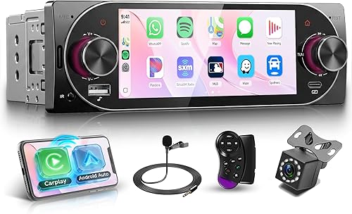 Rimoody Estéreo de coche de un solo DIN con CarPlay inalámbrico y Android Auto, pantalla táctil de 5.1 pulgadas con Bluetooth 5.2, FM/RDS, EQ,