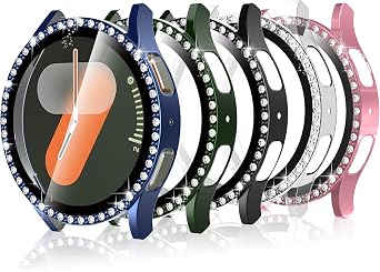 5 Pack Screen Protector Case Compatible with Samsung Galaxy Watch 7 40mm,Bling Crystal HD Hard PC Ultra-Thin Crystal Bumper CaseTransparent, Black, Rose Pink, Green, Blue