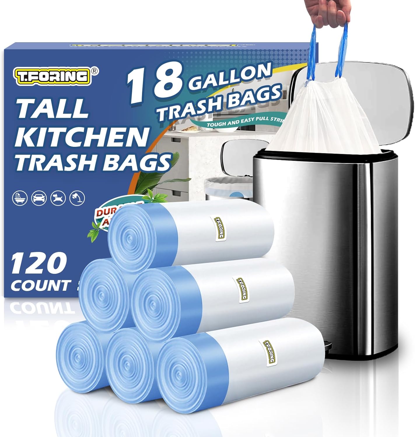 18 Gallon Trash Compactor Bags with Drawstring – 120 Count Heavy Duty 1.7 Mil Garbage Bags 68 Liter Tall Kitchen Bin Liners Unscented White for Home Yard Lawn